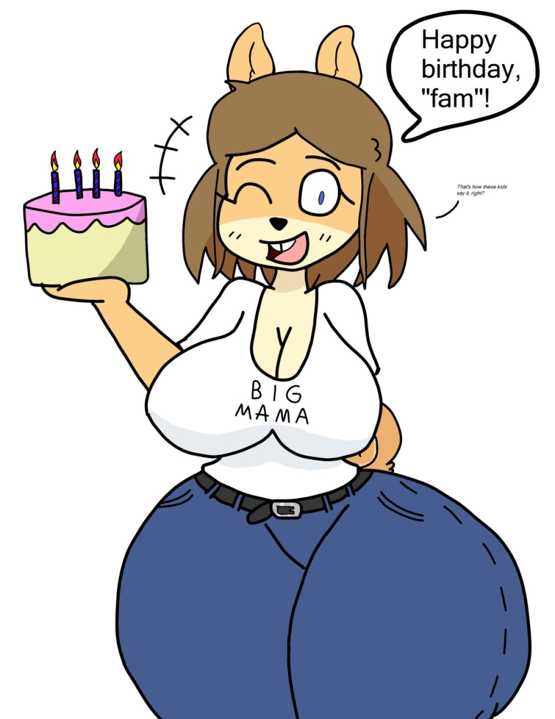 anthro breasts cake canine crackalacking domestic_dog gift hips june_(jinu) narrow_shoulders nipples_visible_through_clothing pants