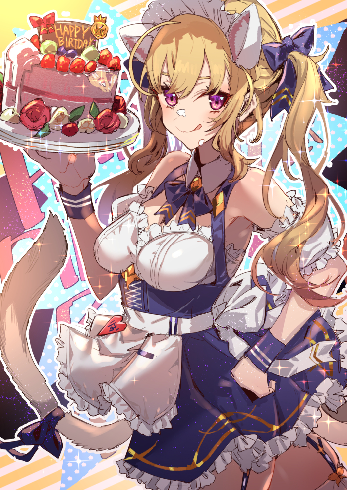 1girls animal_ears bangs bare_shoulders bare_thighs blonde_hair breasts cake cleavage clothed clothed_breasts collar corset cream cuffs english_text female female_focus female_only fruit garter garter_straps hair_ribbon hand_on_hip happy_birthday heart holding_object japanese_text long_hair long_tail looking_at_viewer looking_to_the_side maid maid_apron maid_headdress maid_uniform panties_on_tail panties_removed particles_(artist) red_eyes ribbon ribbons roses skirt smile solo solo_female solo_focus tagme tail thick_thighs thigh_highs thigh_strap thighhighs thighs tongue tongue_out twintails wrist_cuffs