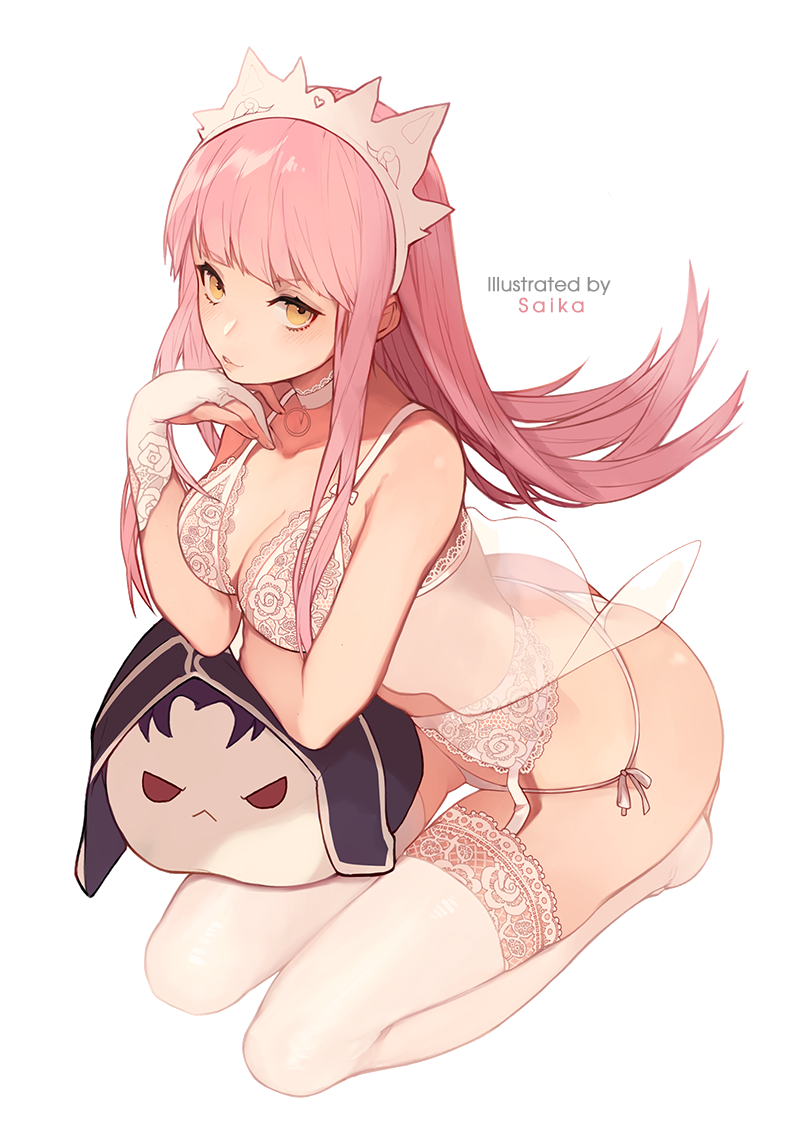 artist_name ass bra breasts choker cu_chulainn_(alter) cu_chulainn_(fate) dark_persona fate/grand_order fate_(series) female garter gloves hairband kneeling lancer lingerie long_hair looking_at_viewer medb_(fate) objectification pantsu partly_fingerless_gloves pink_hair saika_(saika_nyan) seiza shiny shiny_skin simple_background sitting solo tagme thigh_strap thighhighs underwear white_background white_bra white_gloves white_hair_ornament white_hairband white_legwear white_neckwear white_panties white_underwear yellow_eyes