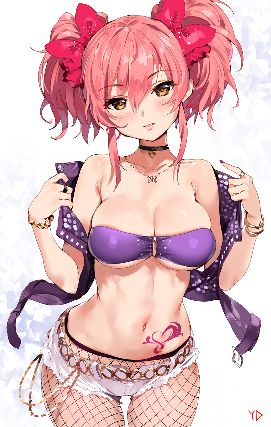 bikini bikini_top blush_stickers brown_eyes female female fishnets high_resolution idolmaster idolmaster_cinderella_girls jougasaki_mika looking_at_viewer orange_maru pink_hair short_shorts shorts solo swimsuit tagme tattoo