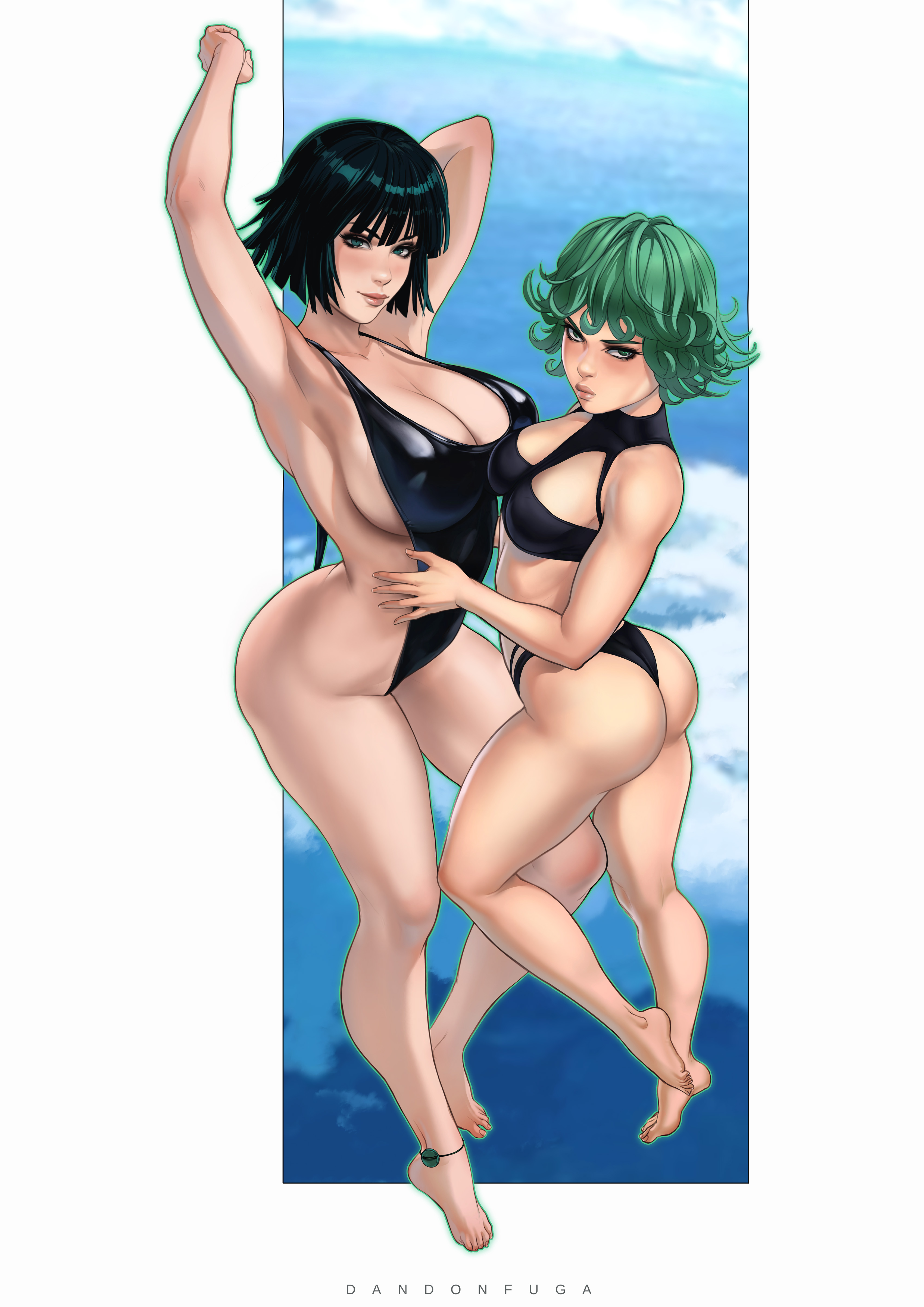 2girls, armpits, arms up, ass, bikini, breasts, dandon fuga, feet, female, female only, fubuki (one-punch man), full body, green hair, multiple females, multiple girls, one-punch man, sisters, swimsuit, tagme, tatsumaki