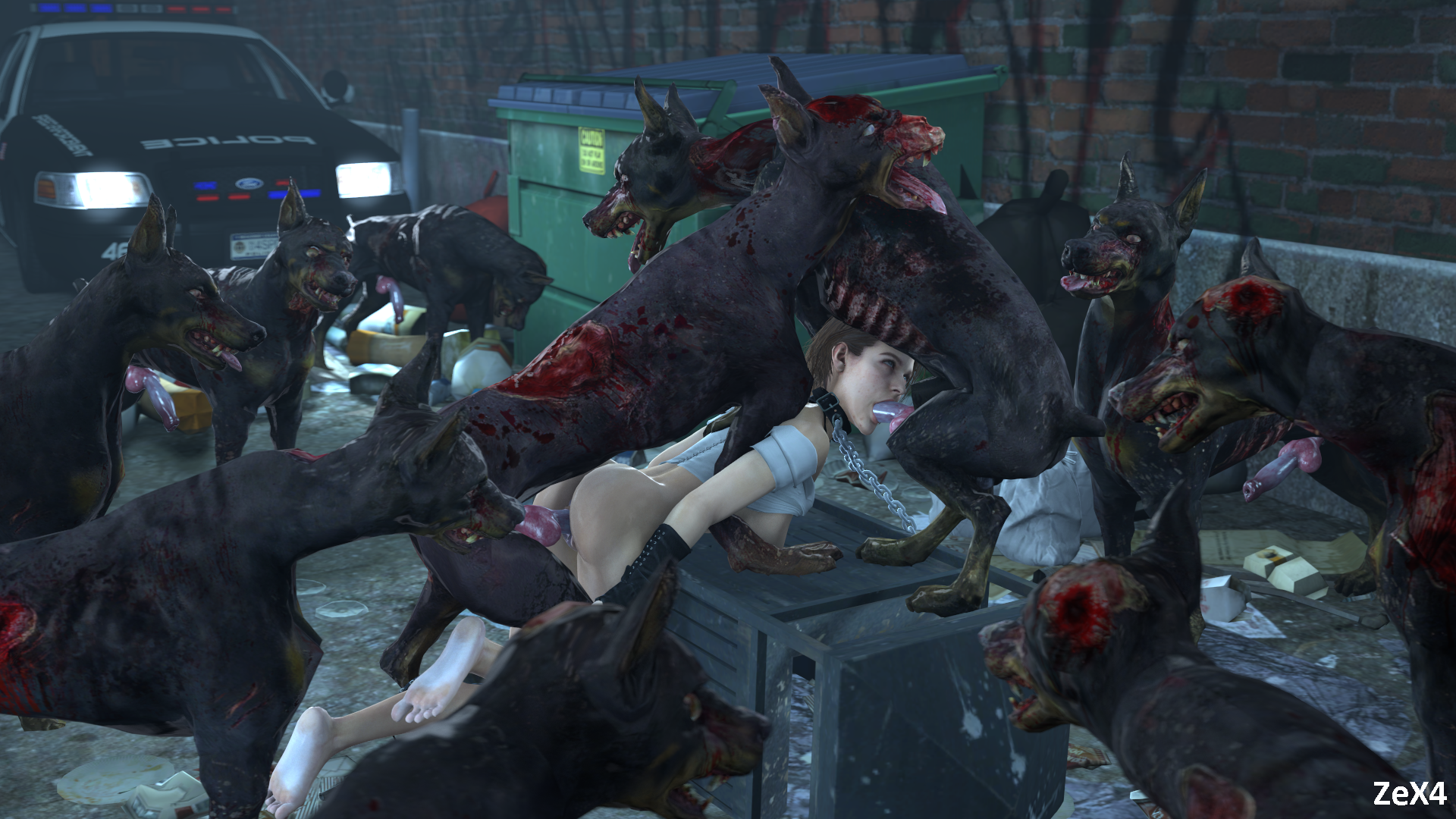 1girls, 3d, 3d (artwork), ass, breasts, breasts out, brown hair, canine, capcom, cerberus (resident evil), collar, doggy style, dominant feral, fellatio, female, gangbang, jill valentine, jill valentine (sasha zotova), leash, light skin, light-skinned female, male, multiple boys, multiple males, oral, oral sex, penetration, pussy, resident evil, resident evil 3, resident evil 3 remake, restrained, short hair, skirt down, spitroast, thick thighs, vaginal insertion, vaginal penetration, vaginal sex, zex4, zombie, zombie dog, zoophilia