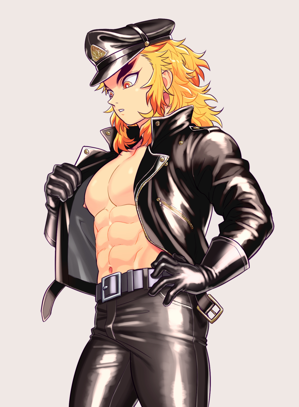 abs, alternate costume, biker clothes, black gloves, blonde hair, demon slayer, gloves, hat, kimetsu no yaiba, leather clothing, leather gloves, leather jacket, leather pants, male, male only, marotoskin, muscular, muscular male, open shirt, pecs, rengoku kyoujurou, solo, thick eyebrows, tight clothing, two-tone hair