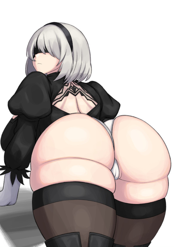 android, ass, bent over, big ass, blindfold, boots, breasts, female, huge ass, nier: automata, peachmuscle, short hair, tagme, thick thighs, thigh boots, thighhighs, white background, white hair, wide hips, yorha 2b