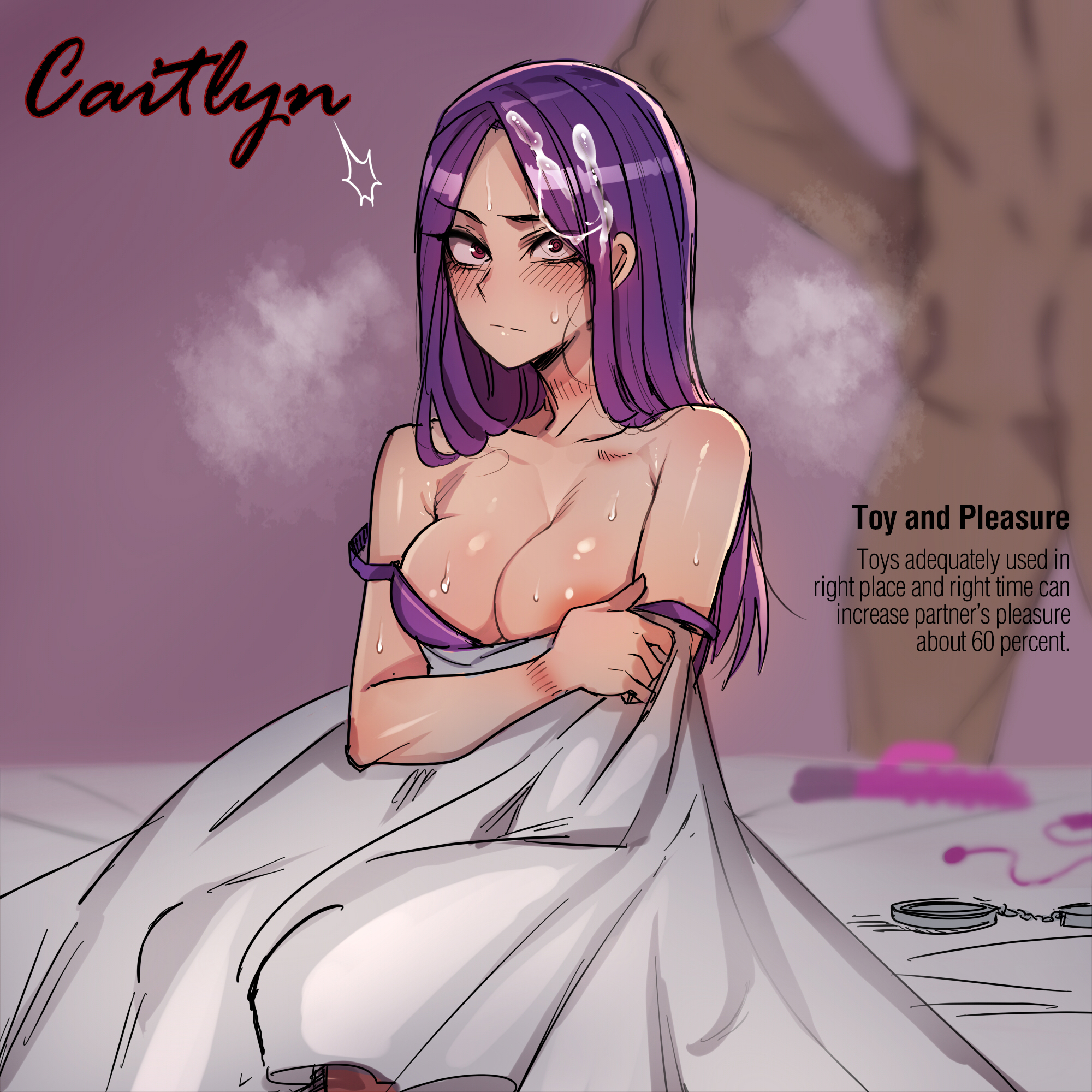 1boy, 1girls, 2021, after facial, after sex, areola slip, blush, blush lines, bra, bra down, caitlyn kiramman, covering self, cum on hair, cum on upper body, dark skin, dark-skinned male, embarrassed, embarrassed female, female, handcuffs, league of legends, long hair, male, pool party caitlyn, purple eyes, purple hair, ratatatat74, riot games, sex toy