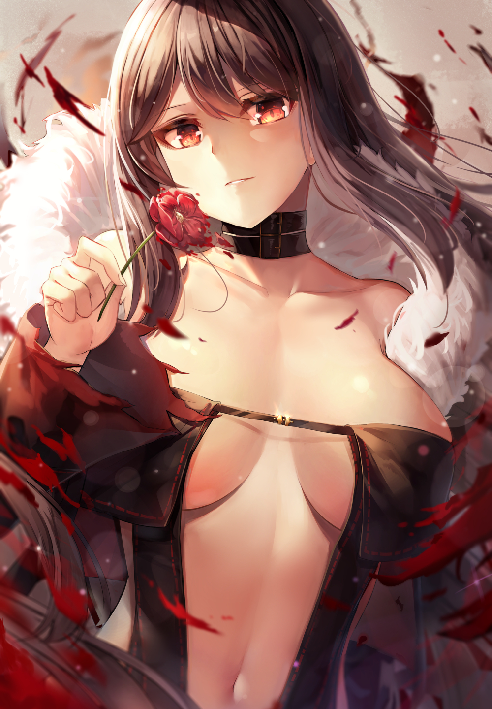 akuta_hinako assassin bangs bare_shoulders black_dress black_eyes blurry blurry_background blurry_foreground breasts brown_hair buckle center_opening choker clavicle depth_of_field dress earrings fate/grand_order fate_(series) female floating_hair flower fur_trim glint high_resolution holding holding_flower jacket jewelry large_breasts leather_choker light_particles long_hair looking_at_viewer low_neckline motokonut navel parted_lips petals pixiv_id_1836747 poppy_(flower) red_eyes red_flower revealing_clothes sidelocks smile solo sparkle stomach strapless strapless_dress tagme tsurime upper_body very_long_hair wide_sleeves wind yu_miaoyi yu_miaoyi_(fate)