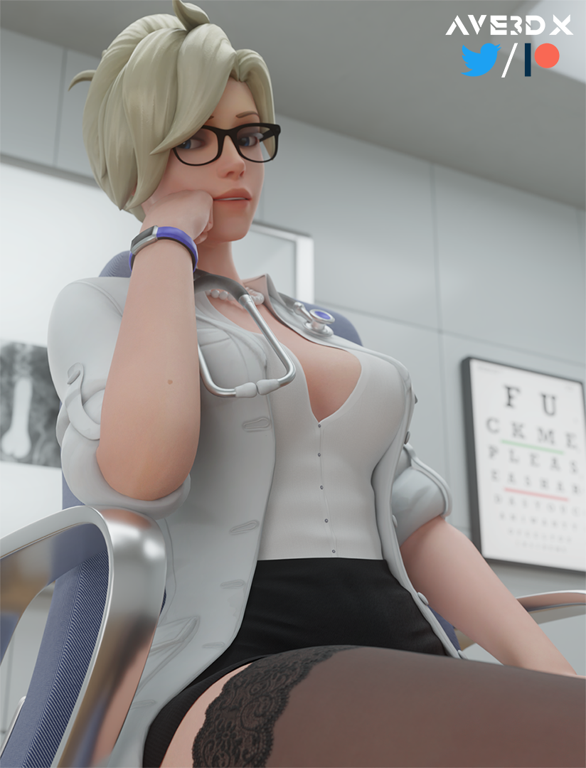 3d angela_ziegler ave3dx cleavage dr._ziegler glasses labcoat mercy overwatch stockings