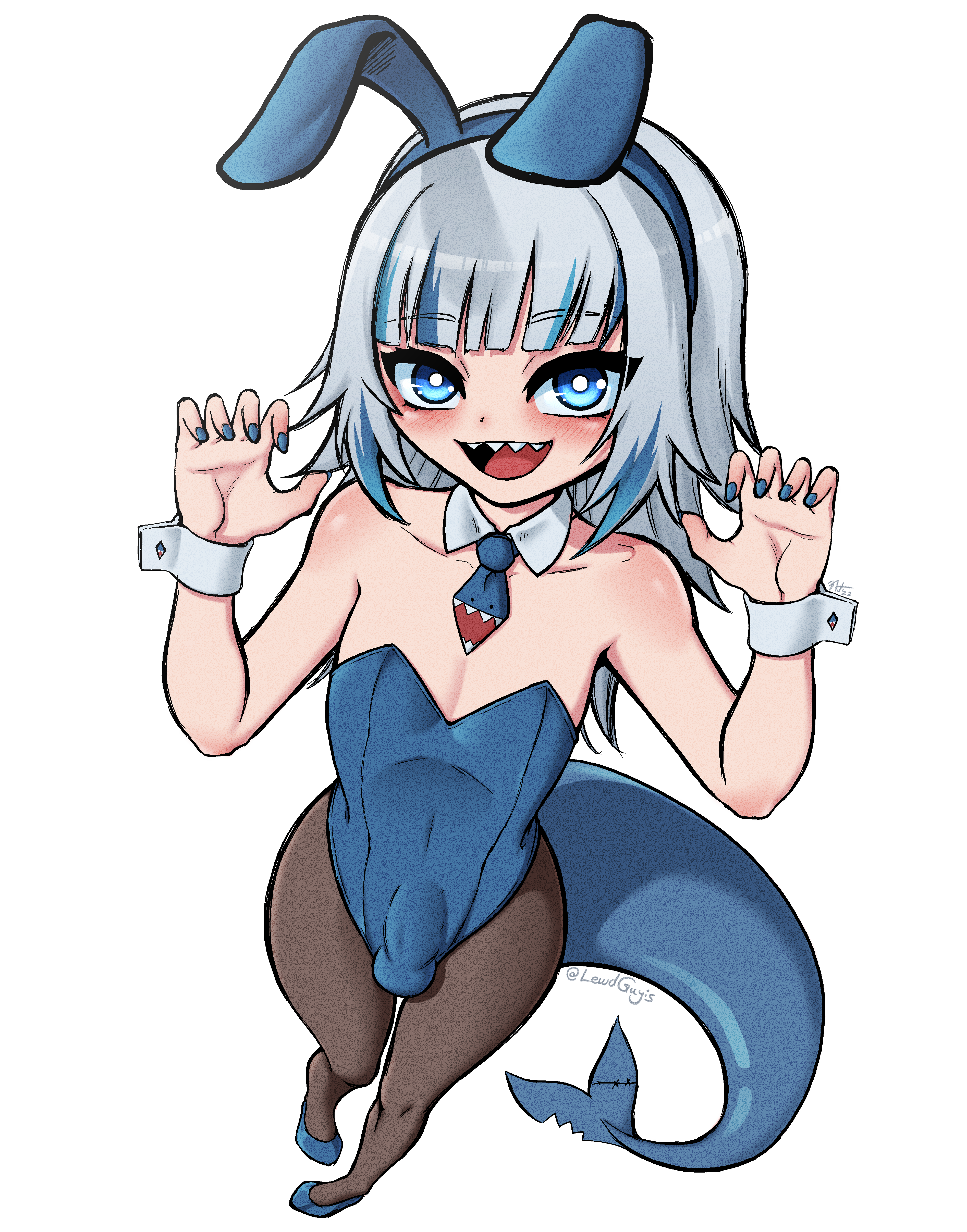 1futa, bangs, black legwear, blue eyes, bulge, bunny ears, bunny girl, bunnysuit, clothed, clothing, erection under clothes, female, fully clothed, futa only, futanari, gawr gura, high-angle view, hololive, hololive english, humanoid, humanoid penis, intersex, legwear, light skin, light-skinned futa, long hair, looking at viewer, lordguyis, necktie, penis, penis under clothes, shark girl, shark tail, smile, solo, standing, virtual youtuber, white hair, wide hips