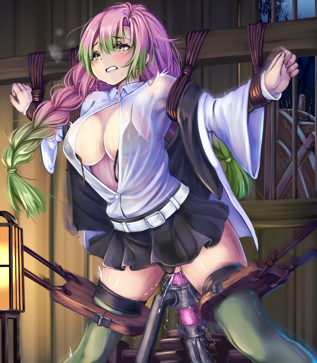 belt bikini_top_undone black_bra black_panties black_skirt blush bondage bra bra_visible_through_clothes braid braided_hair breasts clenched_teeth clothing_aside collared_shirt demon_slayer dildo female gradient_hair green_hair green_legwear haori highres inner_sideboob kanroji_mitsuri kimetsu_no_yaiba lantern large_breasts long_hair miniskirt mole mole_under_eye monikano multicolored_hair object_insertion open_bra open_clothes open_shirt panties panties_aside pink_hair pleated_skirt pussy_juice restrained rope see-through_shirt sex_machine sex_toy shirt skirt solo spread_legs thighhighs underwear vaginal_object_insertion vaginal_penetration water_wheel white_belt white_shirt zettai_ryouiki