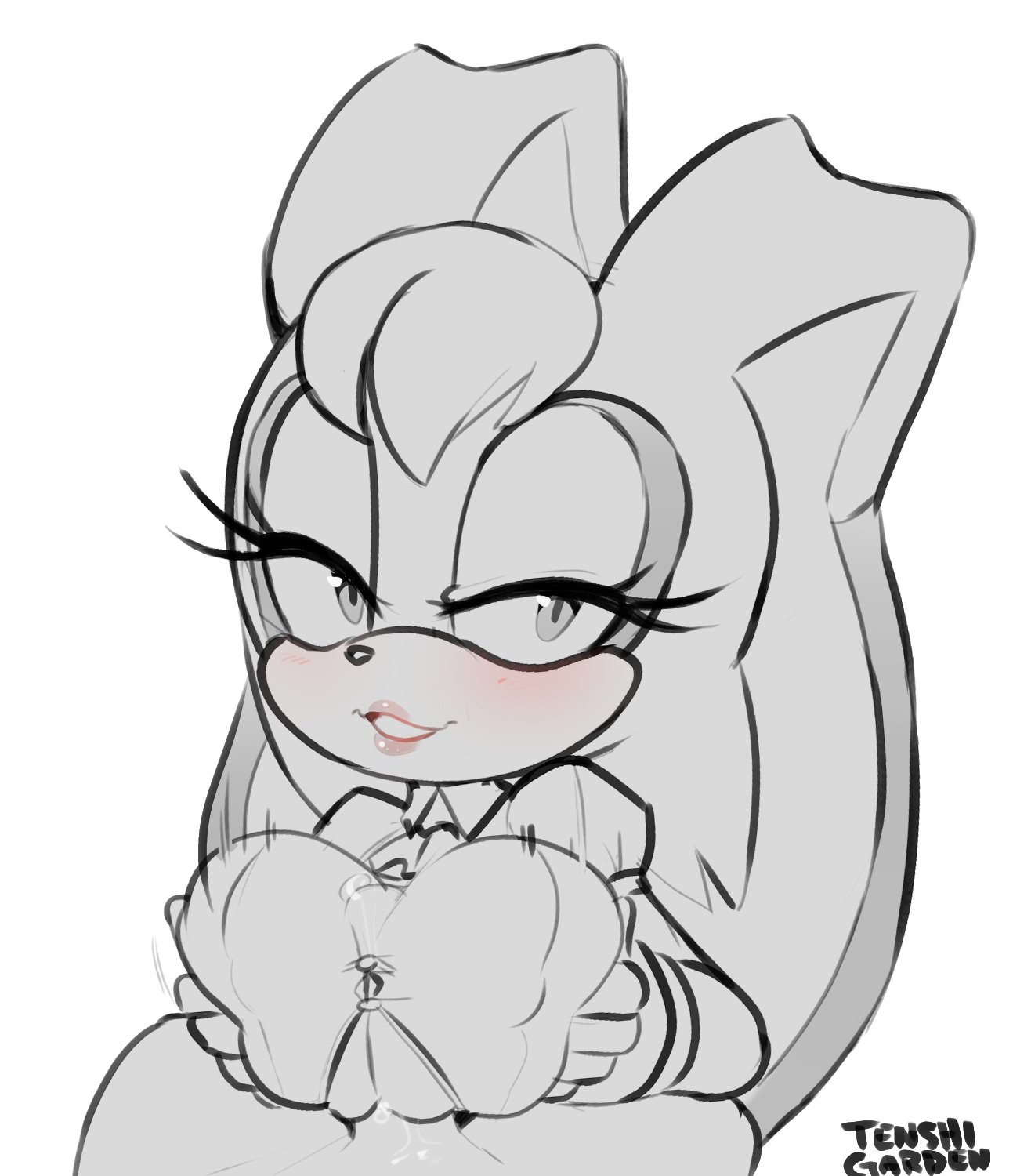 1girls, big breasts, breasts, female, furry, hearlesssoul, human, lips, looking at viewer, male, male pov, monochrome, paizuri, pov, rabbit, rabbit ears, rabbit humanoid, sega, simple background, smile, sonic (series)
