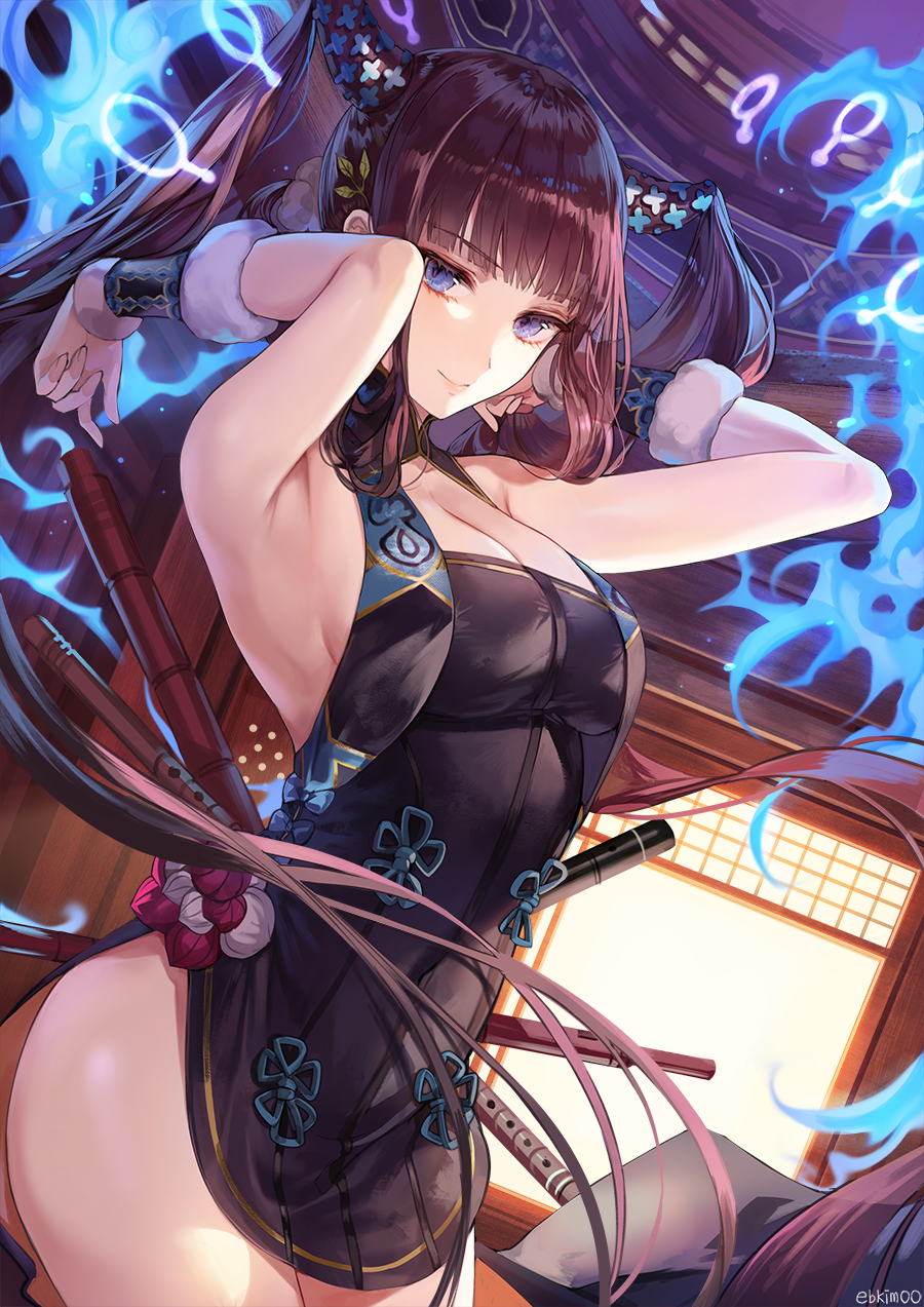 armpits arms_behind_head arms_up bangs bare_shoulders black_dress blue_eyes blunt_bangs blush breasts china_dress chinese_clothes cleavage detached_sleeves dress fate/grand_order fate_(series) female hair_ornament high_resolution kim_eb large_breasts long_hair looking_at_viewer medium_breasts pixiv_id_2345928 solo tagme tied_hair twintails very_long_hair yang_guifei_(fate) yang_guifei_(fate/grand_order)