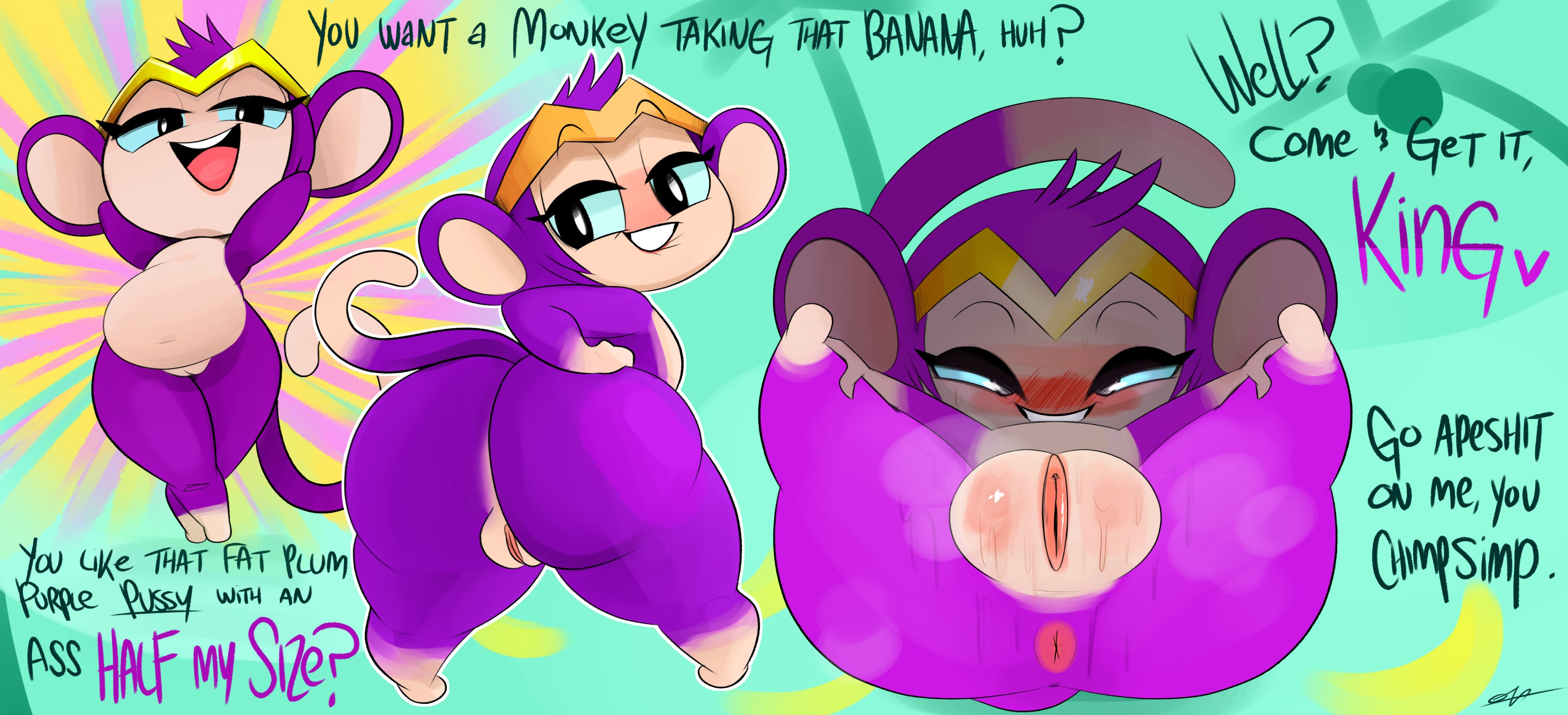 1girls, anthro, anthrofied, anus, ass, big ass, big butt, bubble ass, bubble butt, dialogue, dirty talk, fat, fat ass, female, haplorhine, monkey, monkey girl, monkey shantae, ota (artist), overweight, plump labia, presenting pussy, primate, pussy, shantae, shantae (character), slightly chubby, smooth fur, sweat, transformation