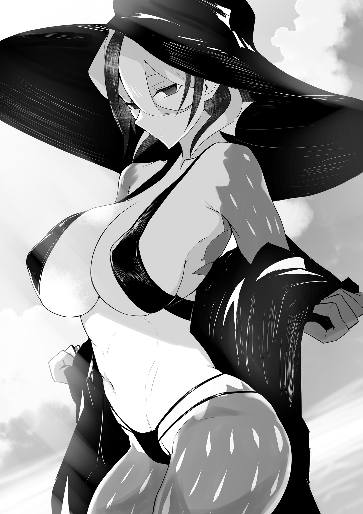 big breasts, bikini, body markings, breasts, cleavage, female, female only, half-closed eyes, looking at viewer, made in abyss, monochrome, ozen, short hair, solo, sun hat, swimsuit, two-tone hair, undressing, yaguchiyuki