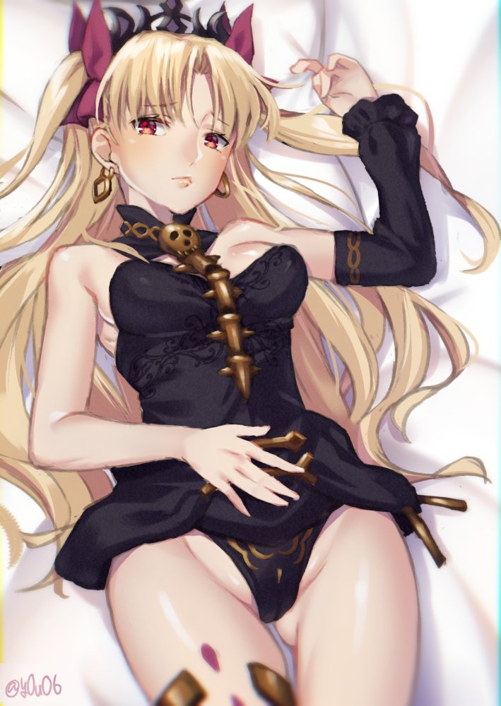 archway_of_venus bed_sheet black_leotard blonde_hair bow breasts choker cowboy_shot diadem earrings ereshkigal_(fate) fate/grand_order fate_(series) female female floating_hair gluteal_fold groin hair_ornament hairbow jewelry leotard long_hair looking_at_viewer lying medium_breasts on_back red_bow red_eyes solo tagme tied_hair twintails two_side_up very_long_hair you06