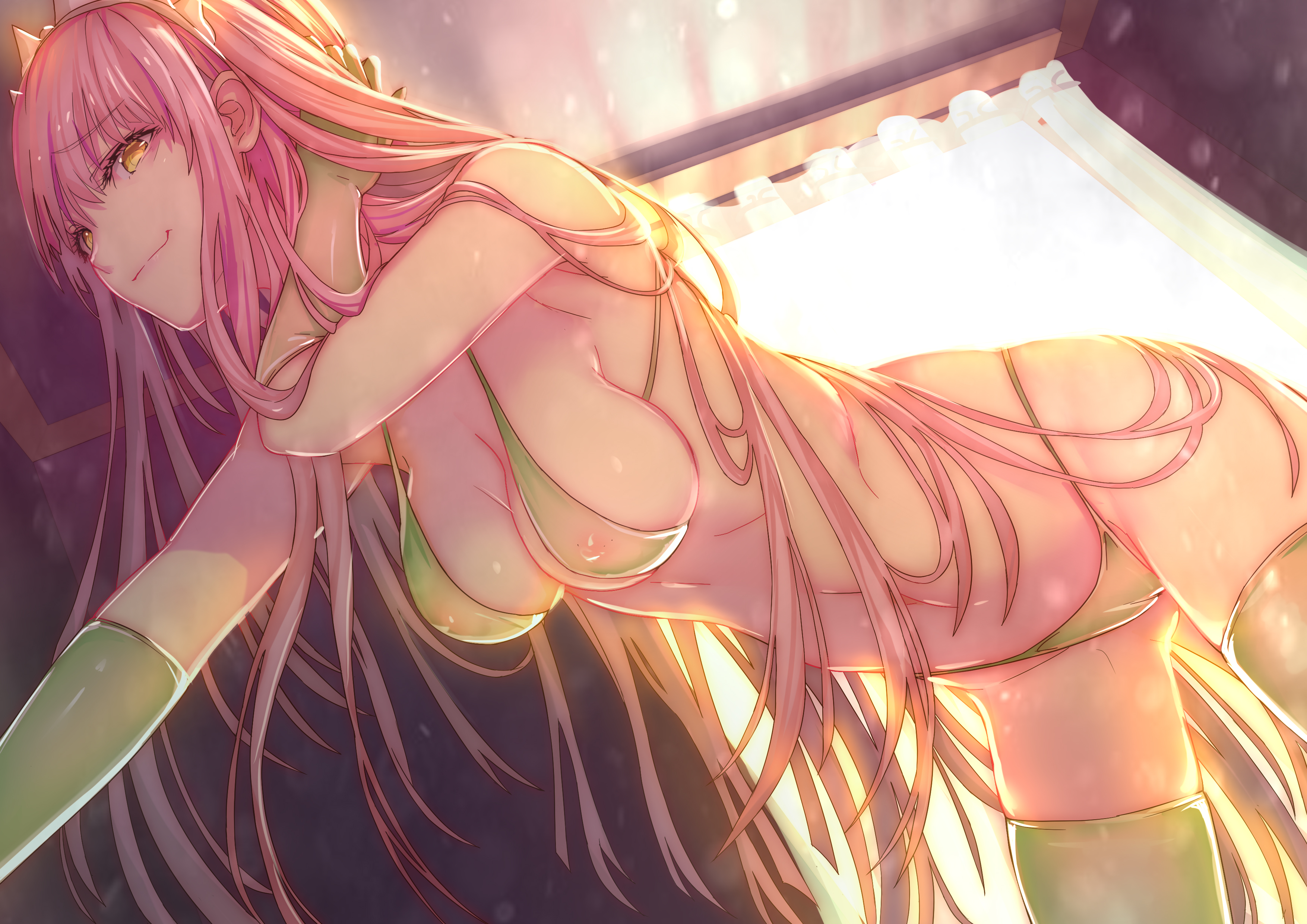 arm support, bangs, belt, bikini, blush, boots, breasts, cleavage, closed mouth, clothing, cosplay, crown, eyebrows visible through hair, fate (series), fate/grand order, female, florence nightingale (fate) (cosplay), gloves, green bikini, green gloves, green legwear, hand behind head, hat, headwear, high resolution, hourai no hangentsuki, indoors, large breasts, latex, latex gloves, latex stockings, leaning forward, legwear, long hair, looking at viewer, medb (fate), micro bikini top, miniskirt, navel, pink hair, pov, purple belt, revealing clothes, short sleeves, shrug (clothing), side-tie bikini, sidelocks, skindentation, skirt, smile, solo, stomach, swimsuit, tagme, thighhighs, tiara, trick or treatment (cosplay), underwear, very high resolution, very long hair, yellow eyes