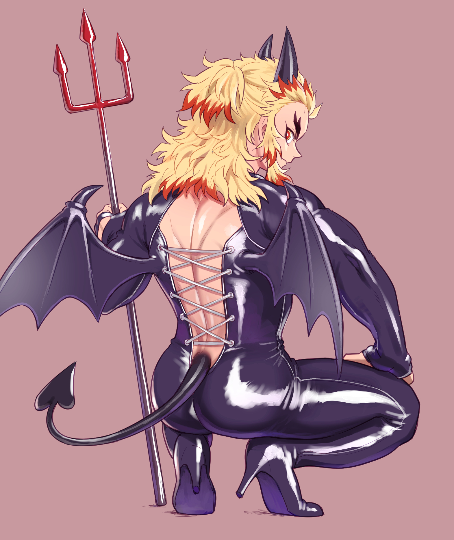 alternate costume, ambush (trap), back muscles, back view, black clothing, blonde hair, broly culo, demon, demon horns, demon slayer, demon tail, demon wings, devil horns, devil tail, high heels, incubus, jumpsuit, kimetsu no yaiba, looking at viewer, looking back, male, male only, marotoskin, meme, muscles, muscular, muscular male, rengoku kyoujurou, skin tight, solo, squatting, thick eyebrows, tight clothing, two-tone hair