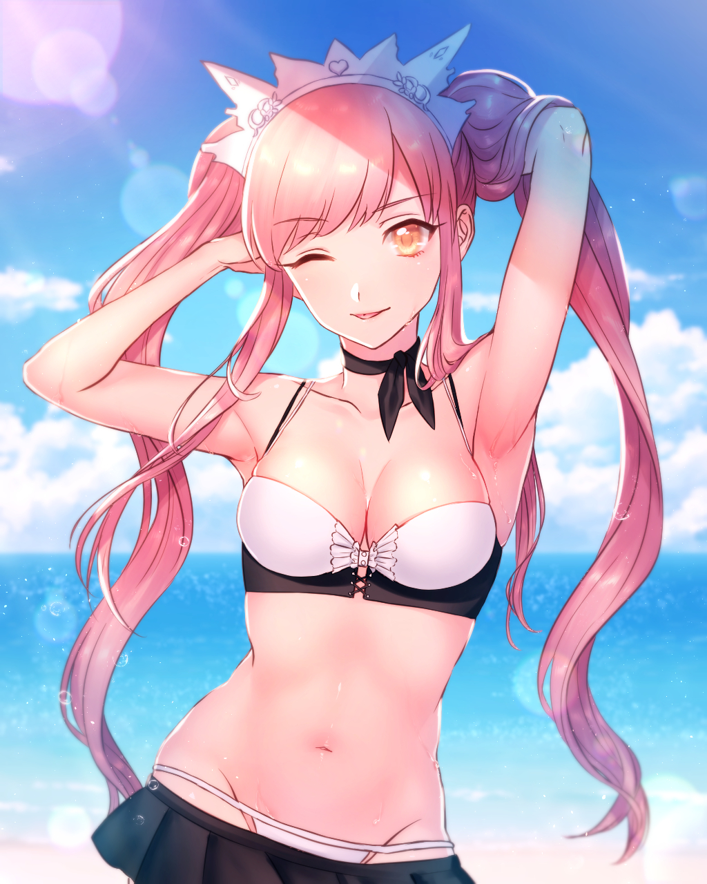 ;) ;p armpits arms_up bare_shoulders beach bikini black_choker black_neckwear black_skirt blue_sky breasts choker clavicle cleavage closed_mouth clothing cloud day fate/grand_order fate_(series) female female golden_eyes groin ground hairband hand_in_hair headdress headwear high_resolution lens_flare long_hair looking_at_viewer medb_(fate) medb_(swimsuit_saber) medium_breasts midriff moe_(fine_after_rain) moe_(hamhamham) navel ocean one_eye_closed orange_eyes outdoors pink_hair ribbon_choker rider saber shade skirt sky smile solo standing swimsuit tagme tied_hair tongue tongue_out twintails water wet white_bikini white_swimsuit wink yellow_eyes