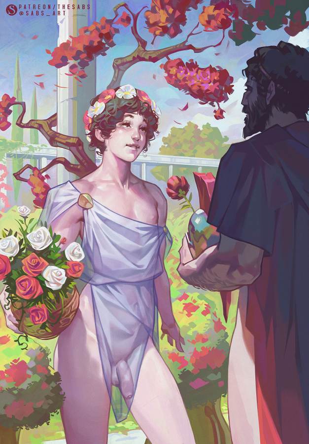 2boys 300 ancient_greece balls femboy flaccid flower flower_in_hair foreskin gay girly greek greek_clothes leonidas male male_only original painting_(artwork) penis sabudenego soft_shading taavi translucent_clothing trap twink uncut unretracted_foreskin yaoi