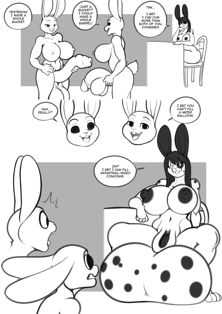 3futas, anthro, balls, beastars, big balls, big penis, breasts, dickgirl, disney, english text, freckles (artist), fti crossgender, fully sheathed, futanari, genderswap, genderswap (fti), genitals, group, haru (beastars), huge balls, huge cock, hyper, hyper balls, hyper genitalia, intersex, judy hopps, lagomorph, large breasts, leporid, mammal, monochrome, nude, penis, rabbit, rule 63, spread legs, spreading, text, trio, zootopia