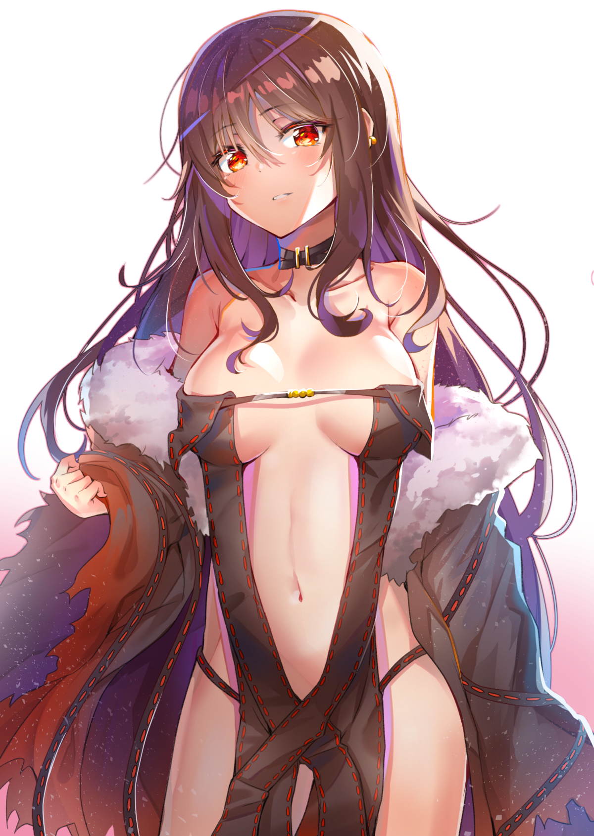 akuta hinako, arm at side, armpit crease, assassin, bangs, bare shoulders, black choker, black dress, black hair, black jacket, blush, breasts, breasts apart, center opening, choker, clavicle, cowboy shot, dress, earrings, eyebrows visible through hair, fate (series), fate/grand order, female, fur trim, gradient, gradient background, hair, hair between eyes, hand up, head tilt, high resolution, jacket, jewelry, light particles, long hair, long sleeves, looking at viewer, low neckline, medium breasts, navel, off shoulder, open clothes, open jacket, parted lips, red eyes, revealing clothes, ribbon trim, sidelocks, smile, solo, standing, stomach, sunhyun, tagme, torn clothes, white background, wide sleeves, yu miaoyi, yu miaoyi (fate)