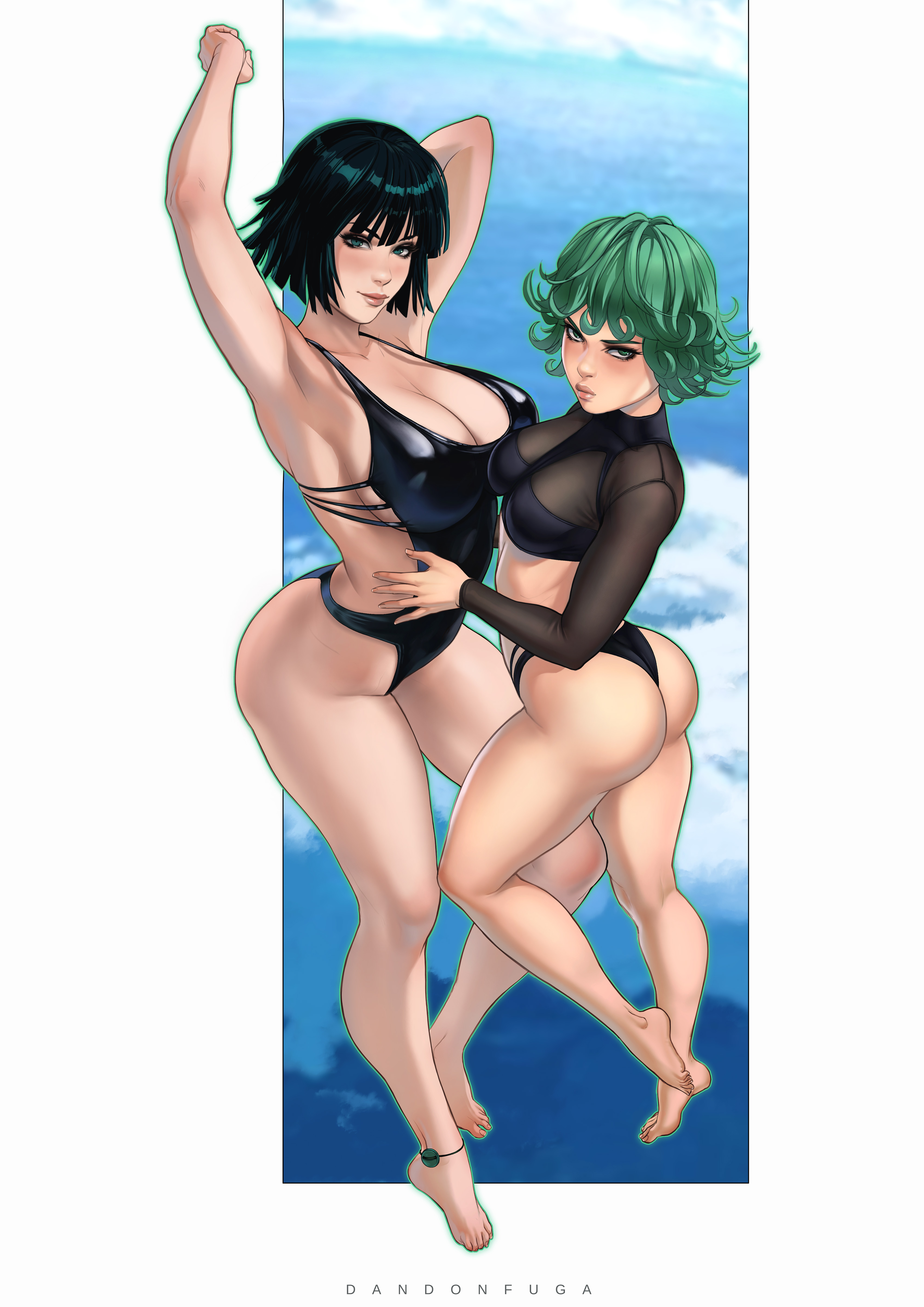 2girls, armpits, arms up, ass, breasts, dandon fuga, feet, female, female only, fubuki (one-punch man), full body, green hair, multiple females, multiple girls, one-punch man, sisters, swimsuit, tagme, tatsumaki