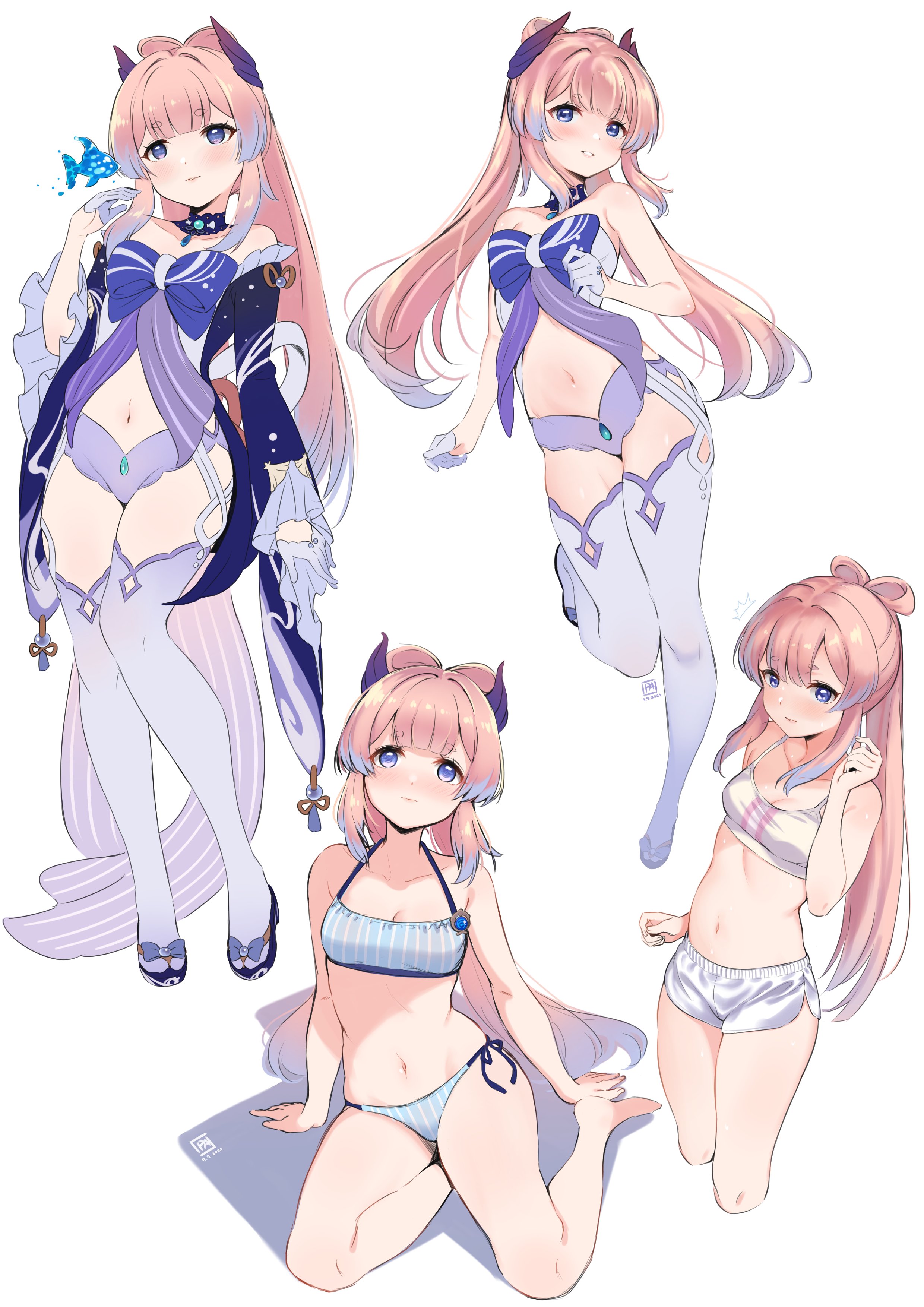 1girls, bikini, blue eyes, bra, breasts, clothing, female, genshin impact, midriff, navel, panties, piano alice, pink hair, purple eyes, purple hair, revealing clothes, sangonomiya kokomi, short shorts, shorts, small breasts, solo, swimsuit, taking clothes off, thick thighs, thighhighs, thighs, underwear, white background