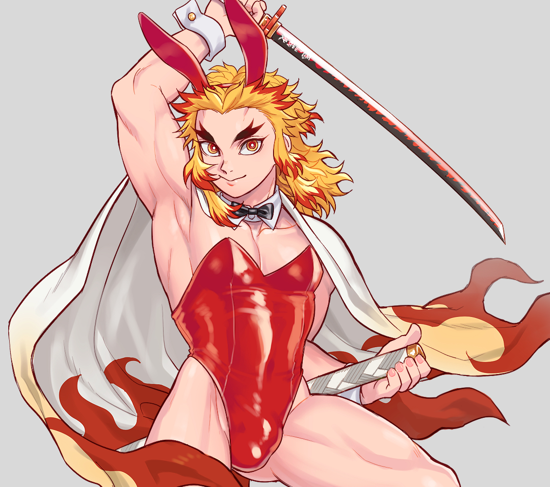 alternate costume, ambush (trap), armpits, blonde hair, bowtie, bulge, bunny ears, bunnysuit, cape, demon slayer, kimetsu no yaiba, looking at viewer, male, male only, marotoskin, muscular, muscular male, rengoku kyoujurou, smile, solo, sword, thick eyebrows, two-tone hair