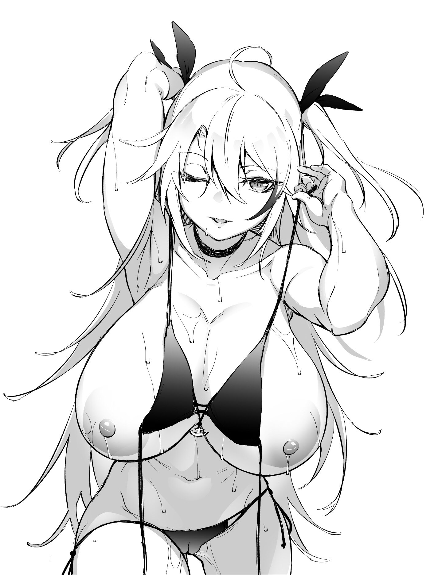 1girls, ahoge, areolae, arm behind head, armpits, azur lane, bangs, bare shoulders, bikini, bikini lift, black bikini, black choker, black ribbon, breasts, breasts out, cameltoe, choker, cleavage, clothes lift, collarbone, eyebrows visible through hair, female, greyscale, hair between eyes, hair ribbon, highres, huge breasts, lifted by self, long hair, looking at viewer, monochrome, multicolored hair, navel, nipples, one eye closed, open mouth, prinz eugen (azur lane), prinz eugen (unfading smile) (azur lane), pussy, ribbon, shingo., side-tie bikini, simple background, smile, solo, streaked hair, swimsuit, two side up, untied, untied bikini, very long hair, wet, white background