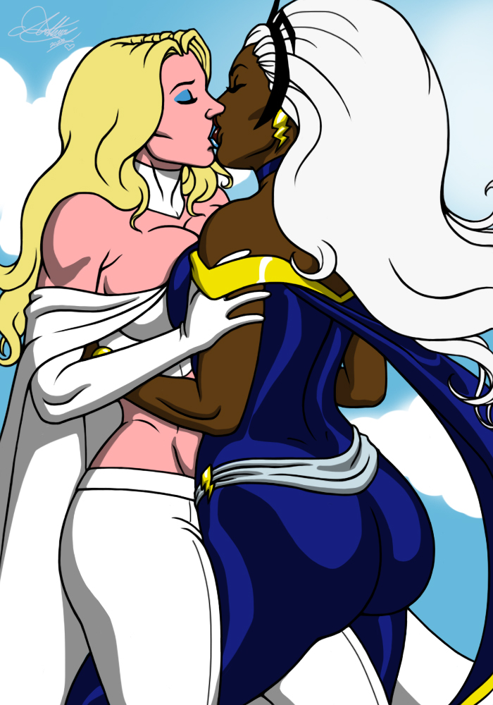 2girls, african, african female, big breasts, blonde hair, breasts, curvy, curvy female, dark skin, dark-skinned female, emma frost, female, female only, female/female, fully clothed, human, human only, interracial, interracial yuri, kaywest, kiss, kissing, light skin, light-skinned female, marvel, marvel comics, mature, mature female, ororo munroe, storm (x-men), voluptuous, voluptuous female, white hair, white queen, x-men, yuri