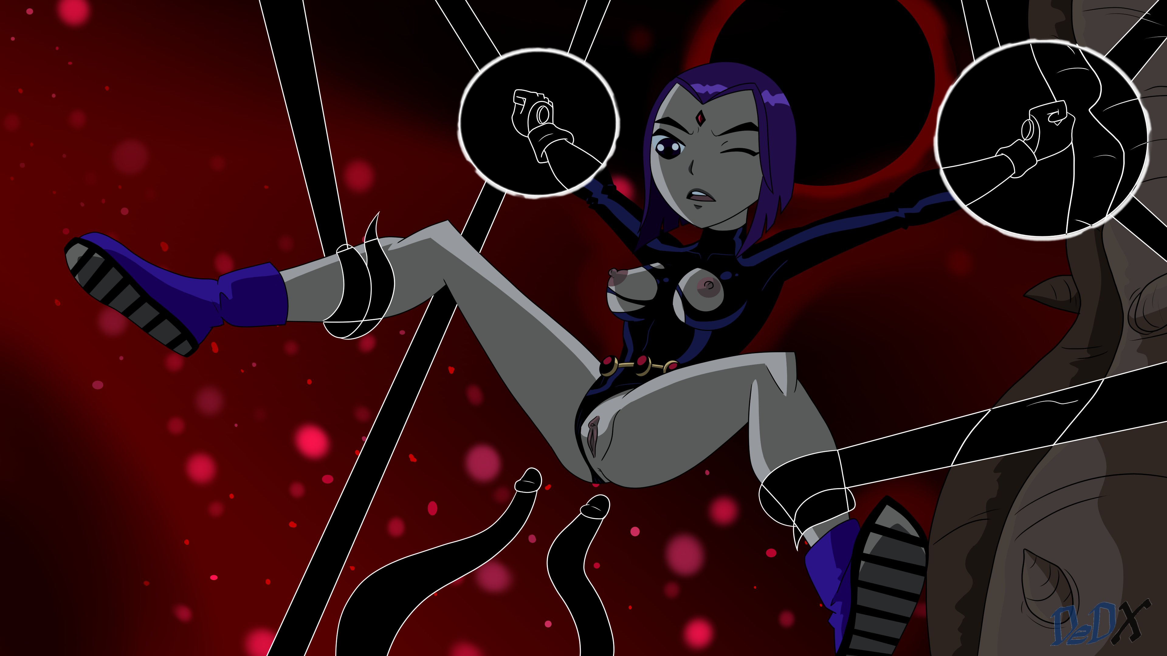 1girls, accurate art style, boobs, boots, breasts, dc, dc comics, dedx, female, imminent penetration, imminent sex, leotard, leotard aside, nipples, purple hair, pussy, raven (dc), ripped clothes, short hair, teen titans, tentacle, tentacle grab, tits, vagina