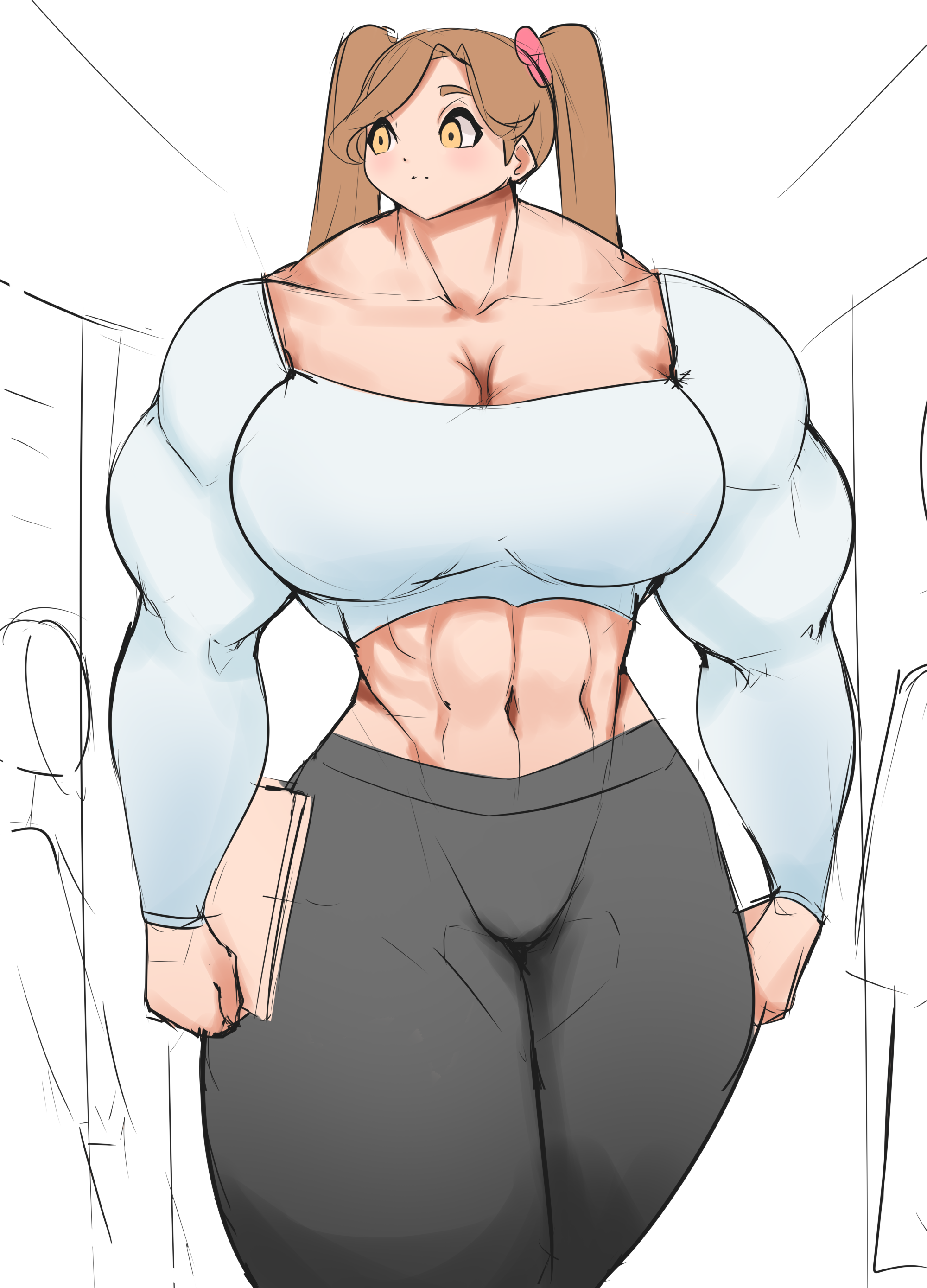 big muscles, breasts, brown hair, busty, excessive muscles, female, large breasts, muscles, musctonk, muscular, muscular female, navel, solo, twintails, yellow eyes