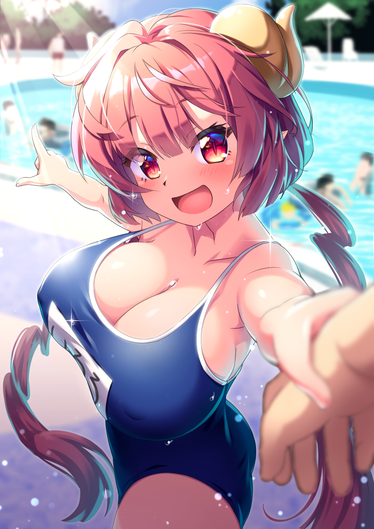 big breasts, blush, breasts, busty, cleavage, dragon girl, eyebrows visible through hair, female, female focus, horns, ilulu (dragon maid), kuromasu, large breasts, light skin, light-skinned female, looking at viewer, miss kobayashi's dragon maid, monster girl, nipple bulge, nipples visible through clothing, open mouth, pink hair, pointy ears, pool, poolside, pov, shortstack, smile, swimsuit, swimwear, tagme