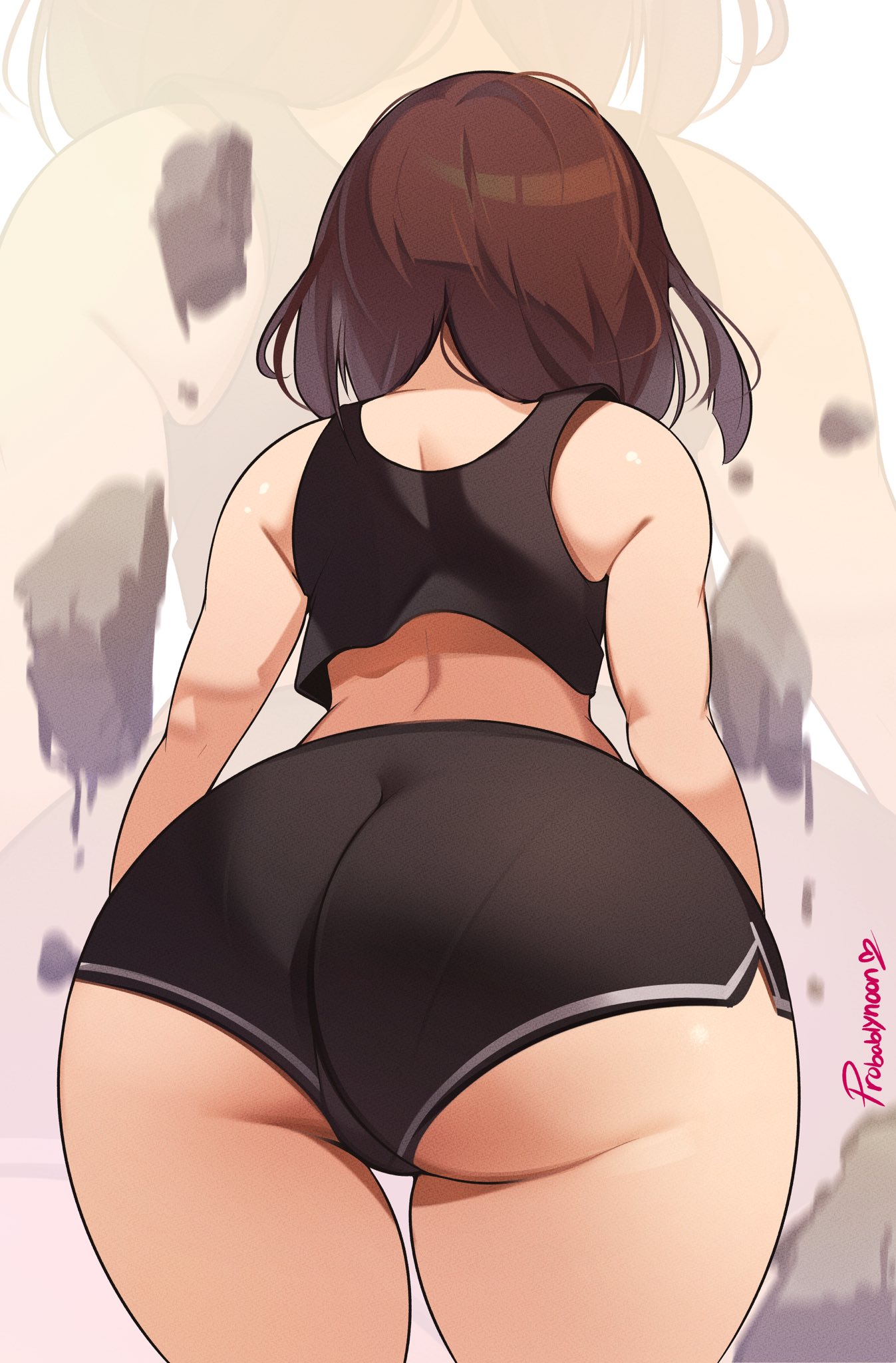 1girls, ass, ass focus, ass hanging out of shorts, big ass, big butt, bloomers, booty shorts, brown hair, bubble ass, bubble butt, female, gym shorts, my hero academia, ochako uraraka, probablynoon, short hair, short shorts, shorts, solo, sports bra, thick ass, thick thighs, thighs, wide hips