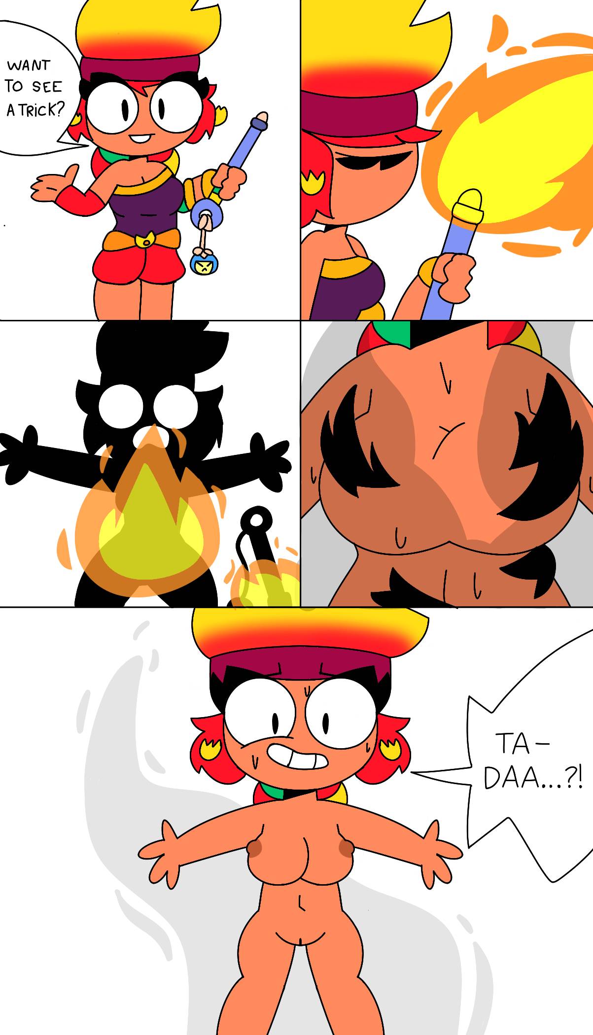 1girls accidental_exposure amber_(brawl_stars) big_breasts brawl_stars clothes_burned_off comic completely_nude cute embarrassed_nude_female fire front_view naked nipples nude nude_female pussy red_hair shaved_pussy simple_background smile solo solo_female speech_bubble surprised yellow_hair