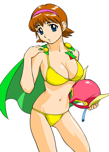 artist_request bikini blue_eyes breasts brown_hair cape cleavage female green_cape hairband hanging_breasts large_breasts light-skinned light-skinned_female looking_at_viewer mask older open_mouth perman short_hair simple_background solo sumire_hoshino swimsuit teenage teenager white_background yellow_bikini yellow_swimsuit