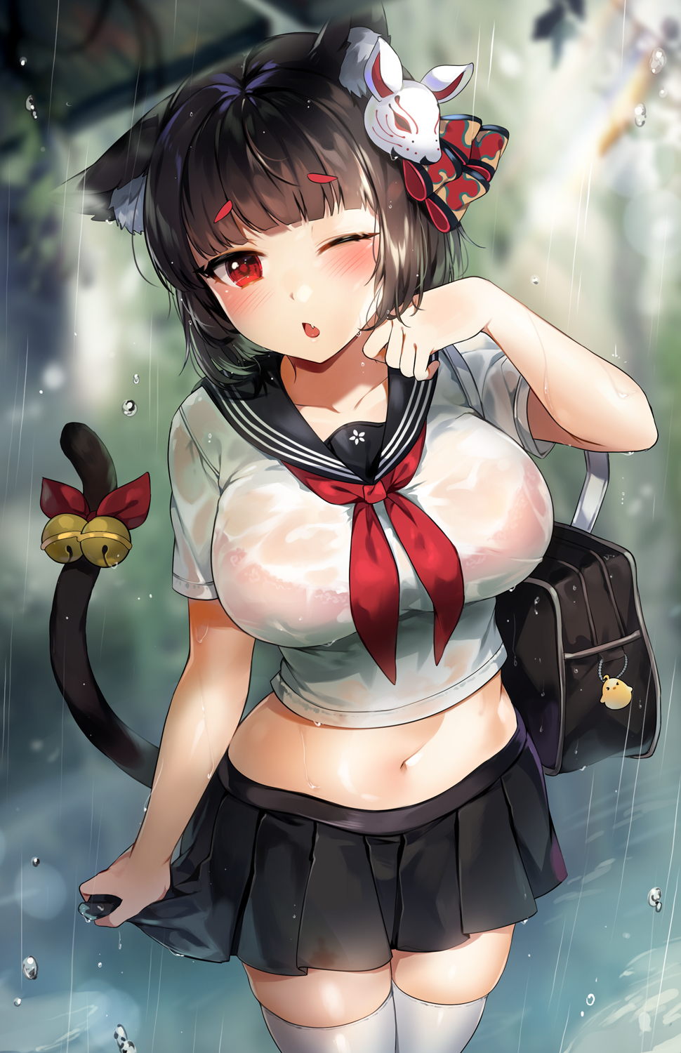 1girls alternate_costume animal_ear_fluff animal_ears anthropomorphization azur_lane bag bangs bell black_hair black_sailor_collar black_skirt blunt_bangs blush bra bra_visible_through_clothes breasts brown_hair cat_mask cat_tail clavicle crop_top eyebrows female female_only furrowed_eyebrows gijang high_resolution jingle_bell lace lace-trimmed_bra lace_trim large_breasts light-skinned_female light_skin looking_at_viewer manjuu_(azur_lane) mask mask_on_head midriff navel neckerchief nekomimi oerba_yun_fang official_alternate_costume one_eye_closed open_mouth pixiv_id_528543 pleated_skirt rain red_bra red_eyes red_neckwear red_underwear sailor_collar sakura_empire_(azur_lane) school_bag school_uniform see-through serafuku shirt short_hair short_sleeves skindentation skirt solo standing stomach tagme tail tail_bell thick_eyebrows thighhighs thighs underwear uniform water_drop wet wet_clothes wet_shirt white_legwear white_shirt yamashiro_(azur_lane) yamashiro_(street_corner_offensive!)_(azur_lane) zettai_ryouiki