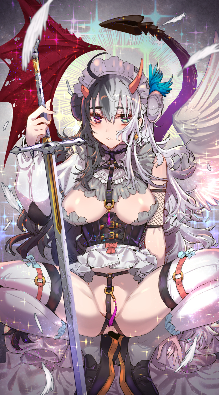 1girls angel_wings areolae ass_visible_through_thighs bangs bare_ass bare_breasts bare_shoulders bare_thighs barely_visible_genitalia barely_visible_pussy black_hair blue_eyes breasts breasts_apart broken_horn cleavage clothed corset demon demon_girl demon_horns demon_tail demon_wings feathers female female_only flowing_hair front_view garter_straps hair_bun half_demon holding_object large_breasts long_hair long_sleeves long_tail looking_at_viewer maid maid_headdress maid_uniform multicolored_hair on_back on_bed particles_(artist) particles_(effect) purple_eyes red_eyes ribbon ribbons shoes short_skirt side_bun skirt skirt_around_belly solo spread_legs straps sword tail tassels thick_thighs thigh_highs thighhighs thighs two-tone_hair weapon white_hair wings