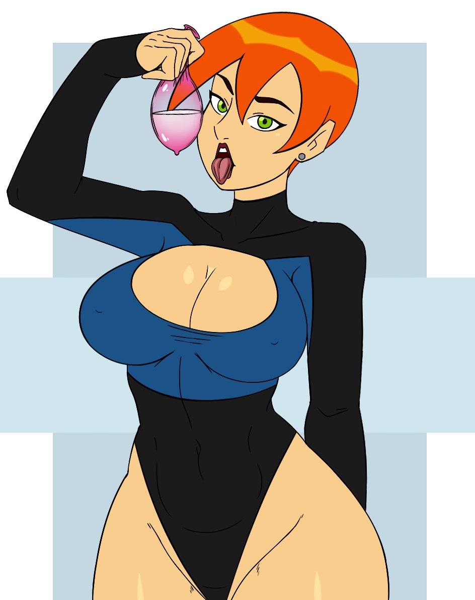 1girls, ben 10, ben 10 (classic), boob window, breasts, cartoon network, cleavage, cleavage cutout, clothed, donchibi, earrings, female, female only, filled condom, future gwen, future gwen (ben 10,000), green eyes, gwen tennyson, large breasts, leotard, lipstick, looking at viewer, nipples visible through clothing, open mouth, orange hair, red hair, revealing clothes, short hair, short orange hair, solo, thick thighs, tongue, tongue out, used condom