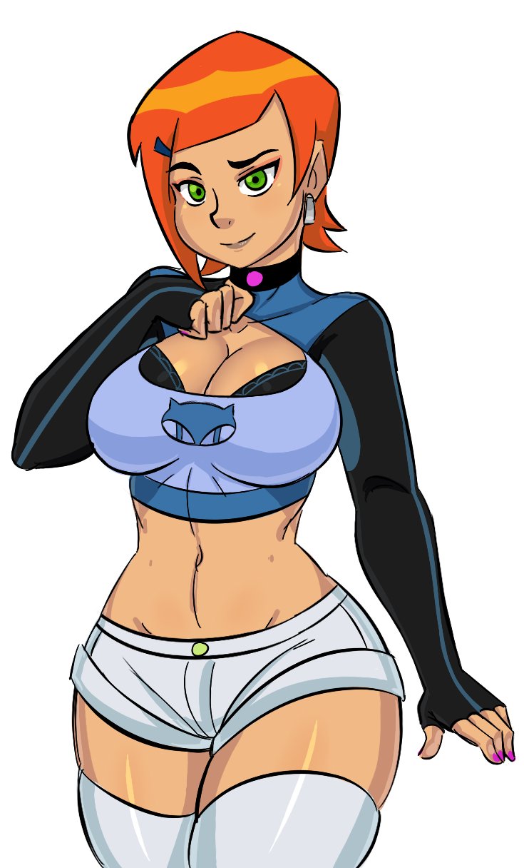 1girls, alternate version available, bare midriff, belly, belly button, ben 10, big breasts, boob window, bra, breasts, cartoon network, cleavage, cleavage cutout, clothed, clothing, crop top, denim shorts, donchibi, earrings, female, female only, flat belly, front view, gloves, green eyes, gwen tennyson, hourglass figure, jean shorts, large breasts, light skin, light-skinned female, long sleeves, looking at viewer, midriff, nail polish, naughty face, navel, orange hair, plain background, presenting breasts, raised eyebrow, redraw, revision, short hair, shorts, slim waist, smile, solo, solo female, standing, thick, thick thighs, thighhighs, tomboy, white background, white shorts, wide hips