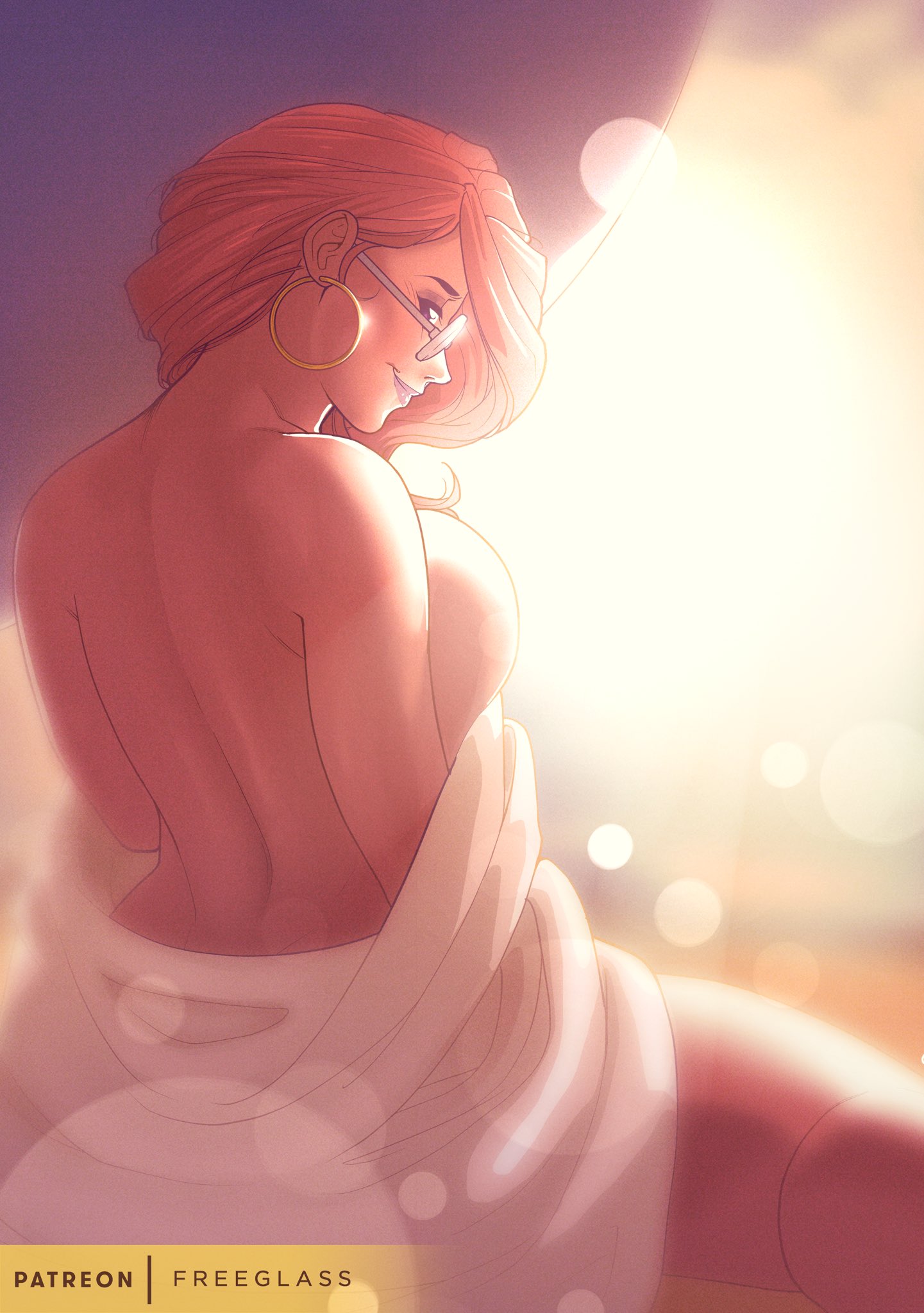 beach, breasts, brown skin, earrings, exposed back, female, female only, final fantasy, final fantasy xiv, freeglass, glasses, large breasts, red hair, roegadyn, soothing ruby, sunset, tease, towel