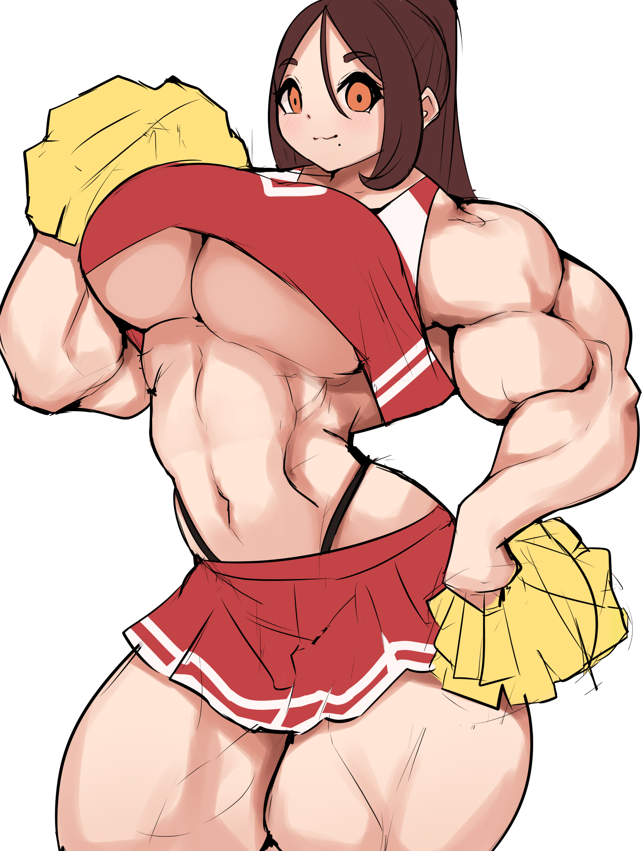 breasts, brown hair, busty, cheerleader, cheerleader uniform, excessive muscles, female, large breasts, muscles, musctonk, muscular, muscular female, muscular thighs, navel, orange eyes, solo, thighhighs, thong, underboob