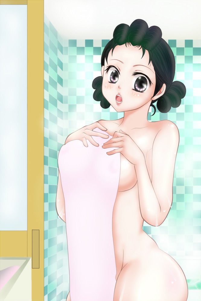 2013 bathroom black_eyes black_hair blush body_blush breasts curvaceous female female_only large_breasts light-skinned light-skinned_female lipstick looking_at_viewer makeup mature mature_woman milf mother nude open_mouth pale_skin qp_(pixiv4883713) sazae-san sazae_fuguta shiny shiny_skin short_hair solo standing thick_thighs thighs towel wet wide_hips