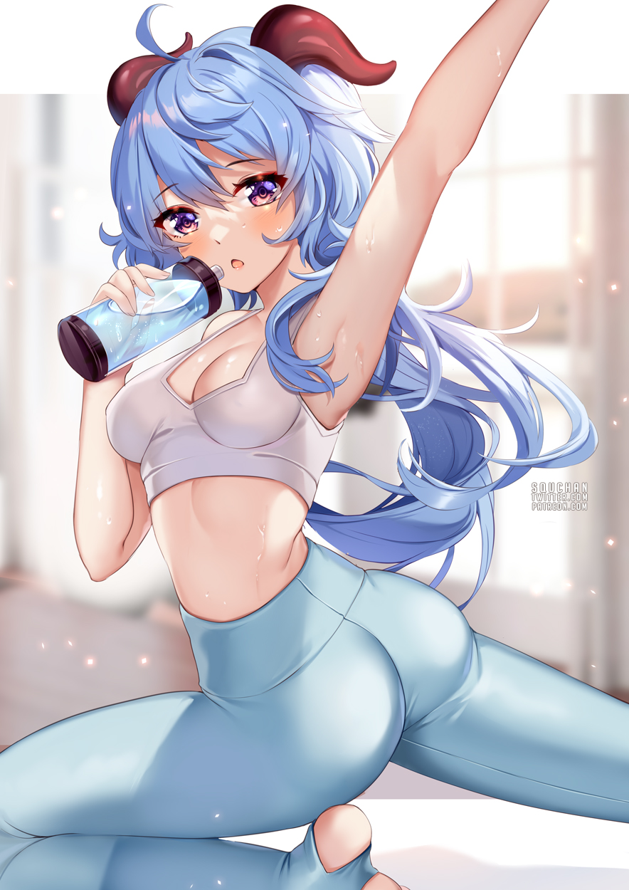 1girls adeptus arm_up armpits ass big_breasts blue_hair bra breasts exercise ganyu_(genshin_impact) genshin_impact horns purple_eyes qilin revealing_clothes solo sports_bra sportswear squchan sweat thighs tight_clothing water water_bottle workout yoga_pants