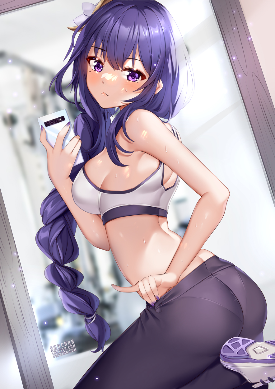 1girls, ass, beauty mark, breasts, female, genshin impact, large breasts, mirror, mirror selfie, mole, mole under eye, purple eyes, purple hair, raiden shogun, revealing clothes, selfie, sports bra, squchan, thighs, tight clothing, workout