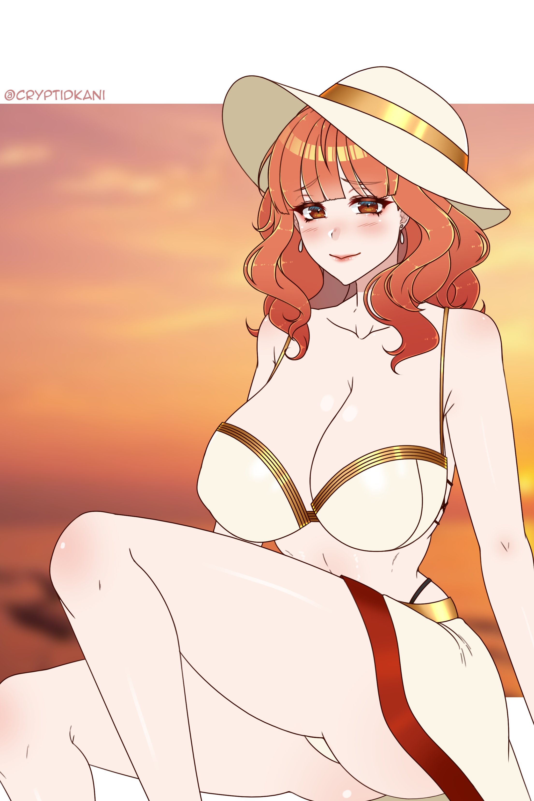 1girls, alternate costume, ass, bare shoulders, big ass, breasts, celica (fire emblem), cleavage, collarbone, cryptid crab, earrings, female, fire emblem, fire emblem echoes: shadows of valentia, hat, large breasts, looking at viewer, medium hair, nintendo, orange eyes, orange hair, sarong, shy smile, sitting, smile, solo, sun hat, thick thighs, white bikini, white swimsuit