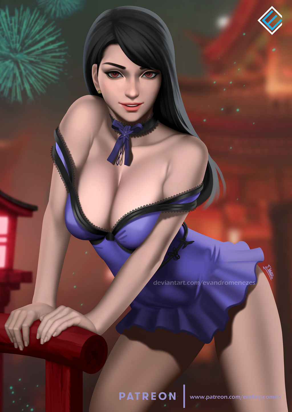 black hair, breasts, brown eyes, cleavage, dress, evandromenezes, female, female only, final fantasy, final fantasy vii, fireworks, huge breasts, long hair, looking at viewer, solo, solo female, tifa lockhart, voluptuous
