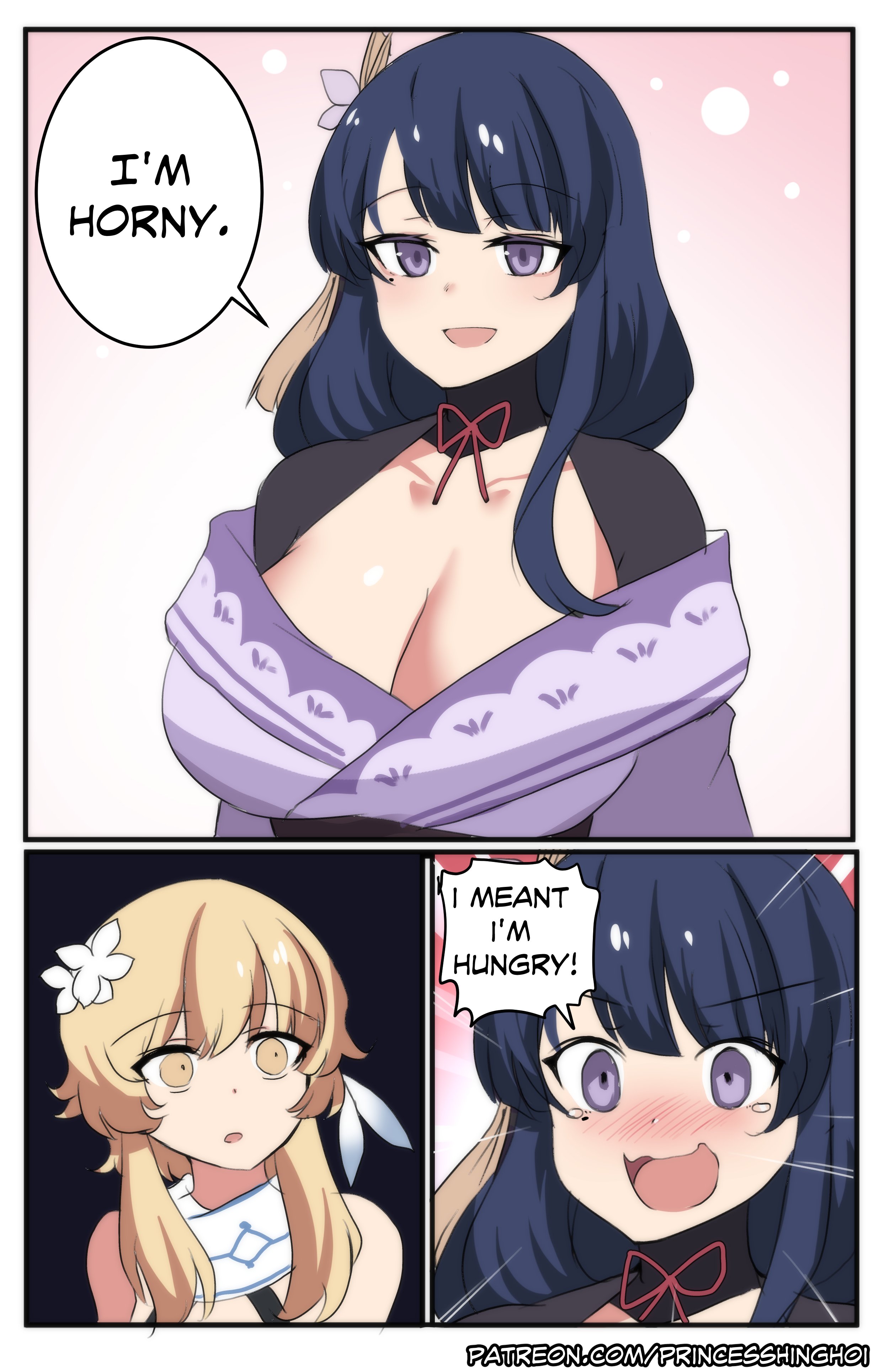 2girls, blue eyes, blue hair, breasts, comic, confusion, female, genshin impact, hair ornament, hinghoi, huge breasts, joking, large breasts, long hair, looking at another, lumine (genshin impact), mole, mouth open, raiden shogun, short hair, white background, yellow eyes, yellow hair