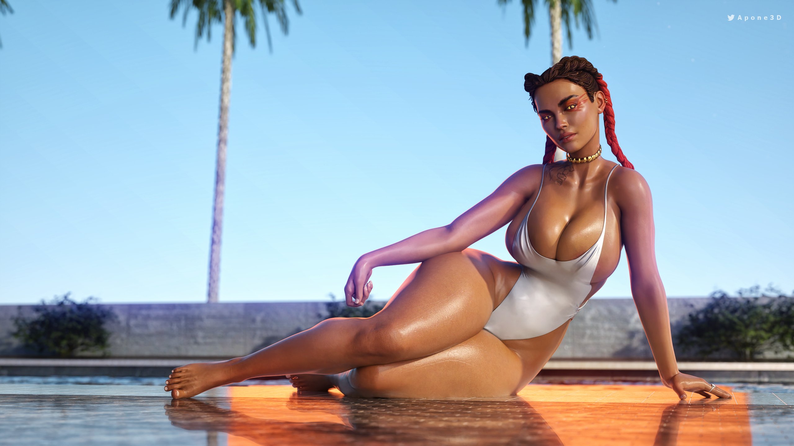 1girls, 3d, abs, apex legends, apone3d, big breasts, bikini, bimbo, bracelet, braided twintails, brazilian, breasts, brown hair, choker, cleavage, curvy, dark skin, dark-skinned female, daz studio, earrings, female, female only, hourglass figure, large breasts, loba (apex legends), looking at viewer, one-piece swimsuit, pool, poolside, pussy, ring, solo, swimsuit, thick, thick thighs, two-tone hair, voluptuous, wet skin, wide hips