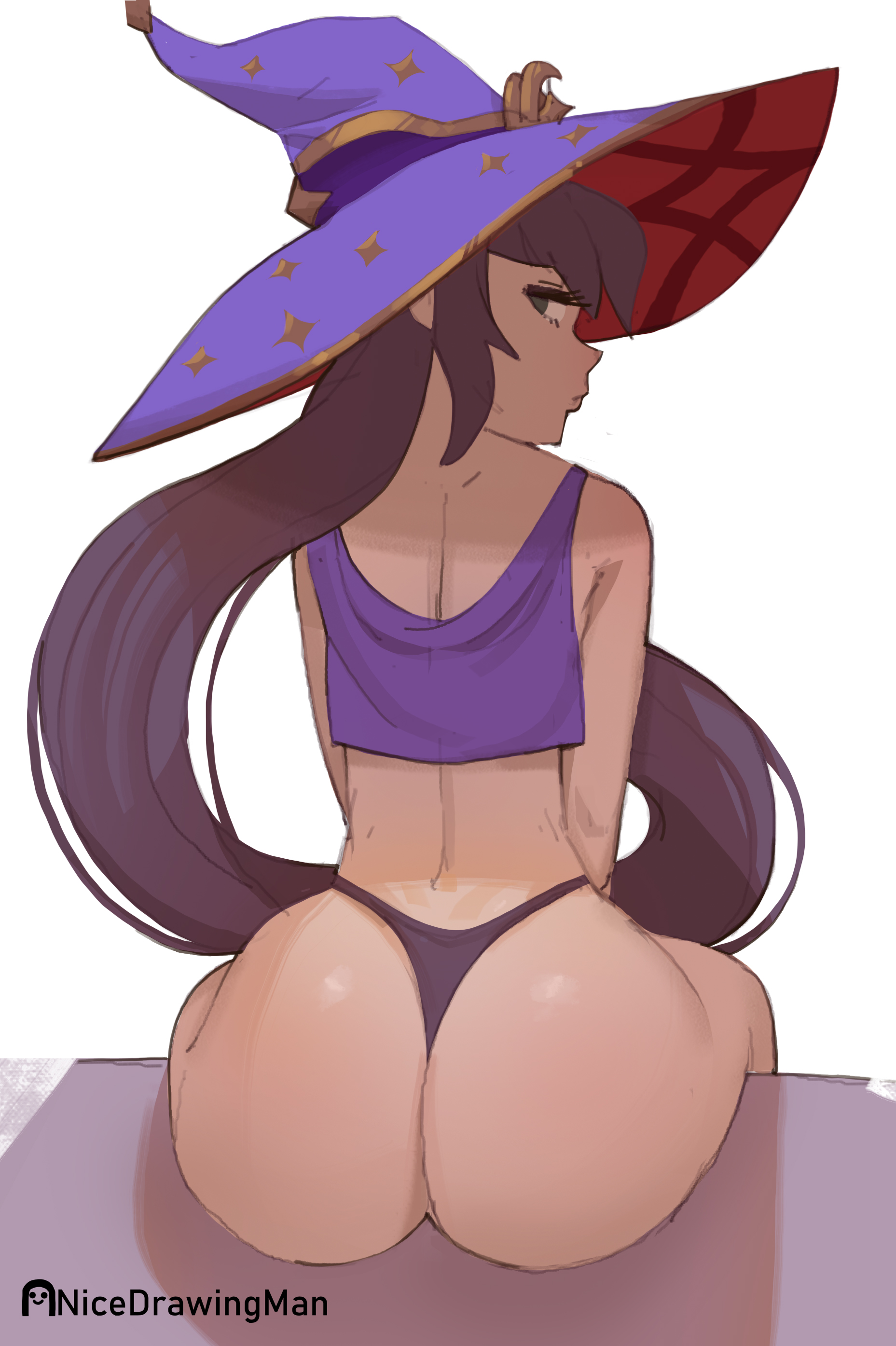 1girls, ass, big ass, big butt, eye contact, female, genshin impact, hat, large ass, looking at viewer, looking back, mona (genshin impact), nicedrawingman, sitting, thick ass, thong, twintails, witch hat