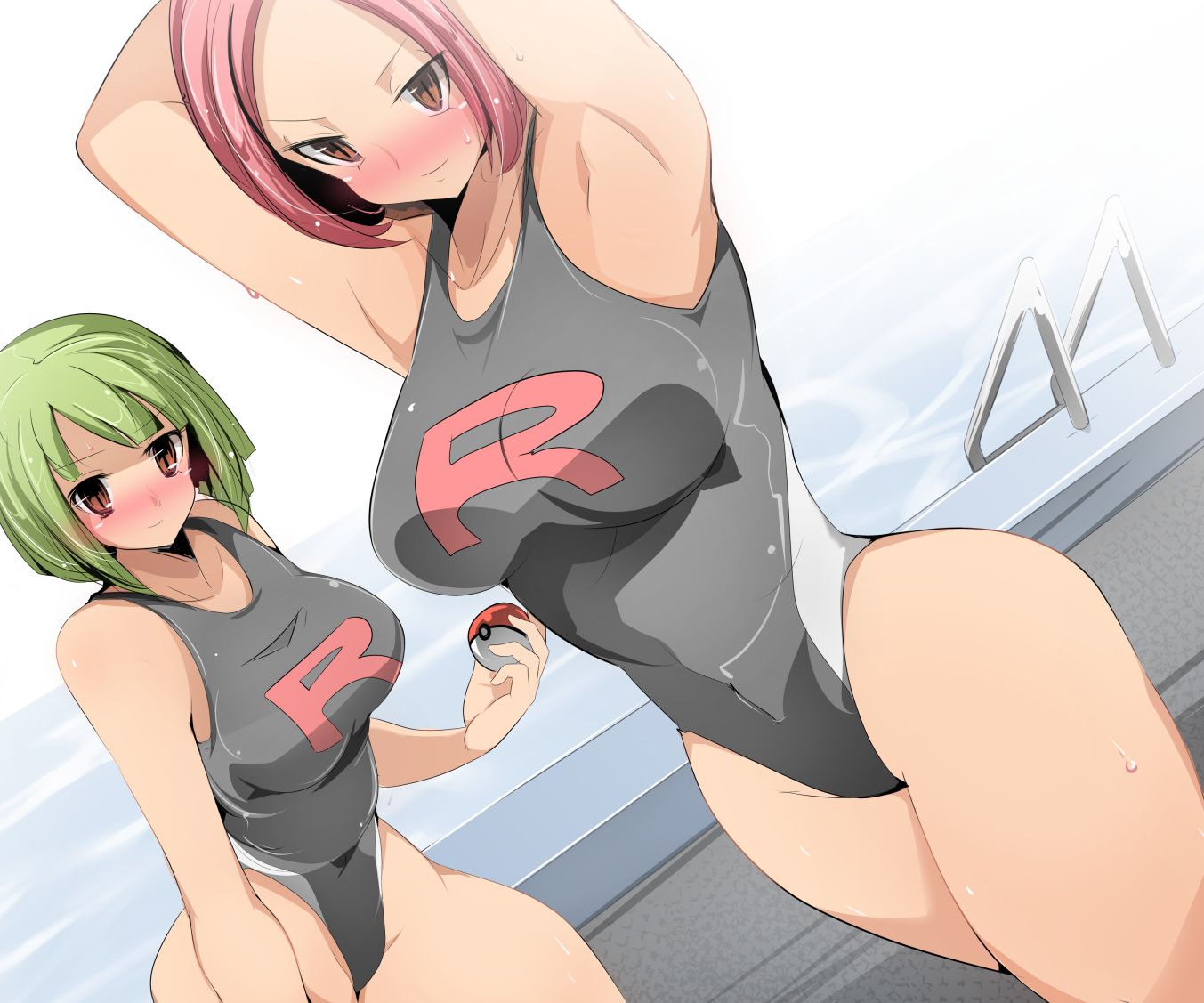 2015 2girls alternate_breast_size armpits arms_behind_head arms_up bare_arms bare_legs bare_shoulders black_swimsuit blush bob_cut breasts brown_eyes competition_swimsuit covered_navel eyebrows_visible_through_hair female female_only female_team_rocket_grunt female_team_rocket_grunt_(pokemon_frlg) female_team_rocket_grunt_(pokemon_hgss) green_hair highres holding_poke_ball ladder large_breasts looking_at_viewer multiple_girls nintendo one-piece_swimsuit pink_hair poke_ball pokemon pokemon_frlg pokemon_gsc pokemon_hgss pokemon_rgby pool short_hair smile standing sweat swimsuit team_rocket team_rocket_grunt team_rocket_grunt_(female) team_rocket_grunt_(pokemon_frlg) team_rocket_grunt_(pokemon_hgss) thick_thighs thighs water wide_hips zinger_(excess_m)